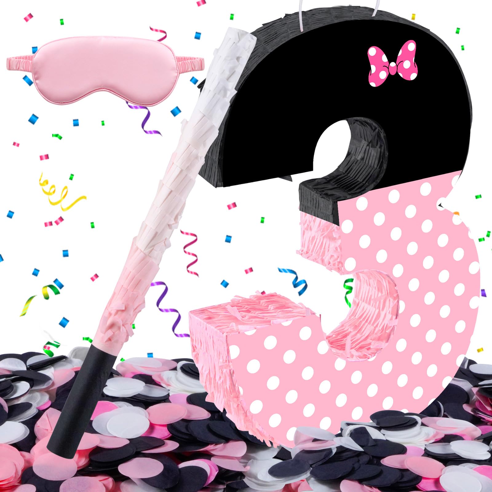 Photo 1 of 15.7 x 11.5 x 3 Inch Pink Bow Number 3 Pinata,Pink Bow Birthday Decorations, Fillable Hanging PiƱata with Stick Blindfold Confetti for Girls Boys 3rd Anniversary Party Decorations