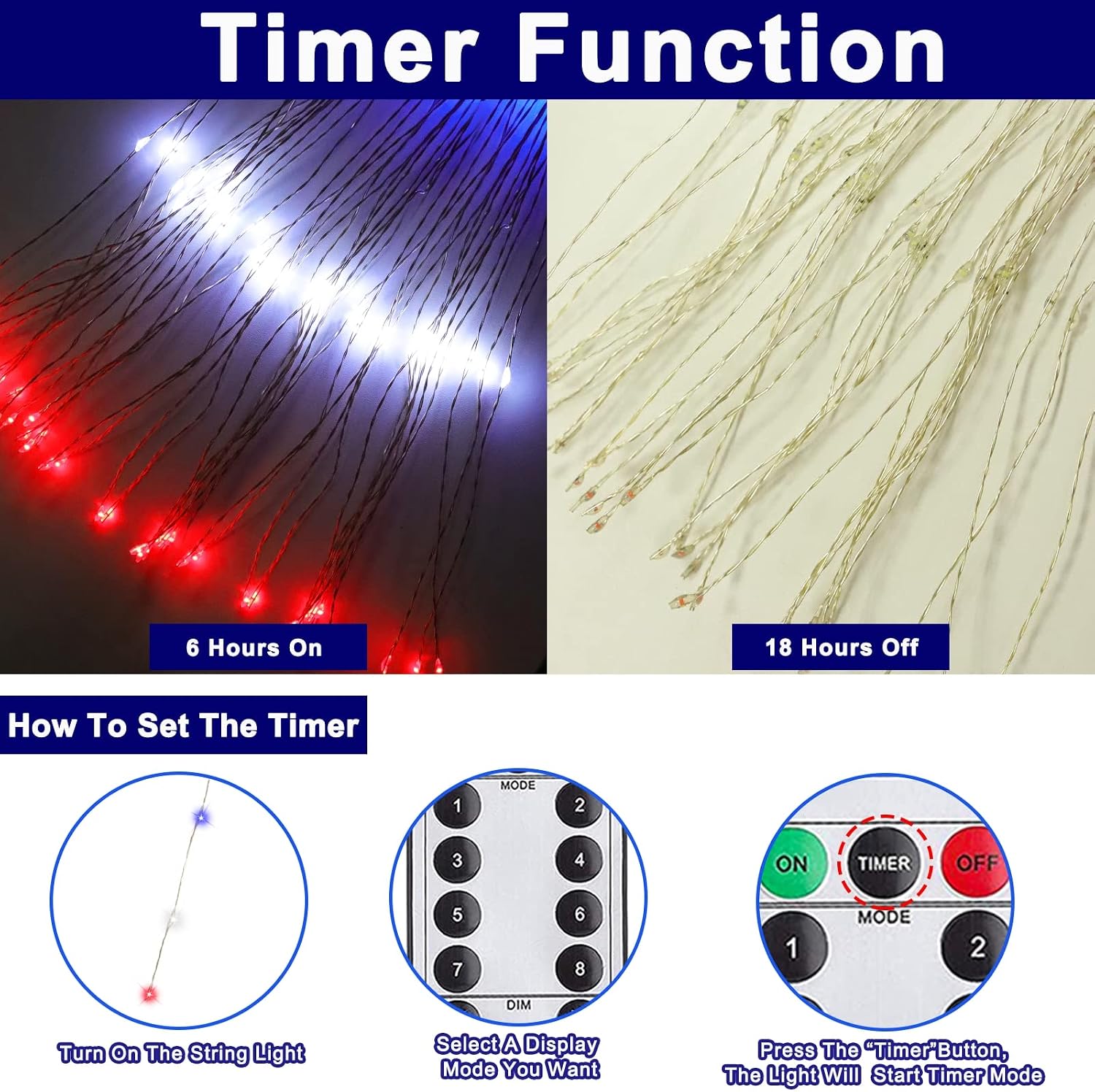 [ Timer & 8 Flash Modes ]2 Pack Patriotic Firework Lights 4th of July Decoration Red White Blue 240 Led Copper Wire Starburst String Fairy Lights Battery Operated for Independence Day, Memorial Day