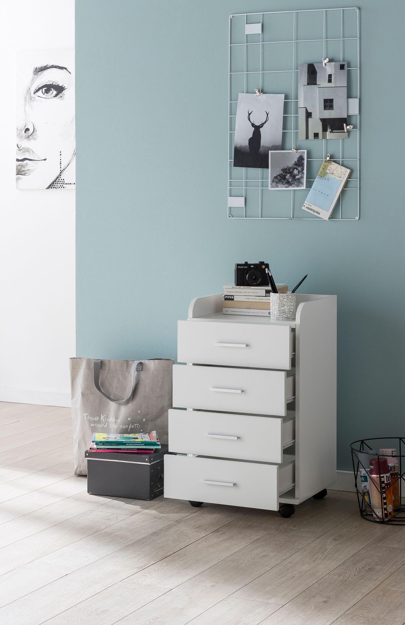 FineBuy Cassettiera con Ruote 40x33x70,5 cm Bianca con 4 Cassetti | cassettiera da scrivania con ruote, mobile con ruote per ufficio e smart working, cassettiera moderna