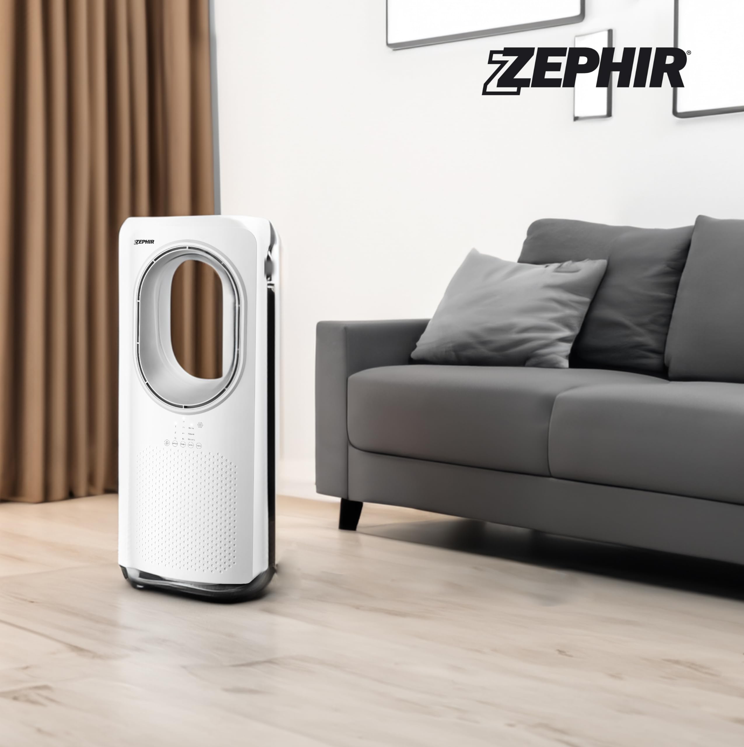 Zephir, Ventilalatore a Torre Senza Pale, 3 Velocità, 3 Modalità di Fusso d'aria, Ventilatore Oscillante, Display LED, Comando Touch, Timer 15 ore, Telecomando, Potenza 50 W