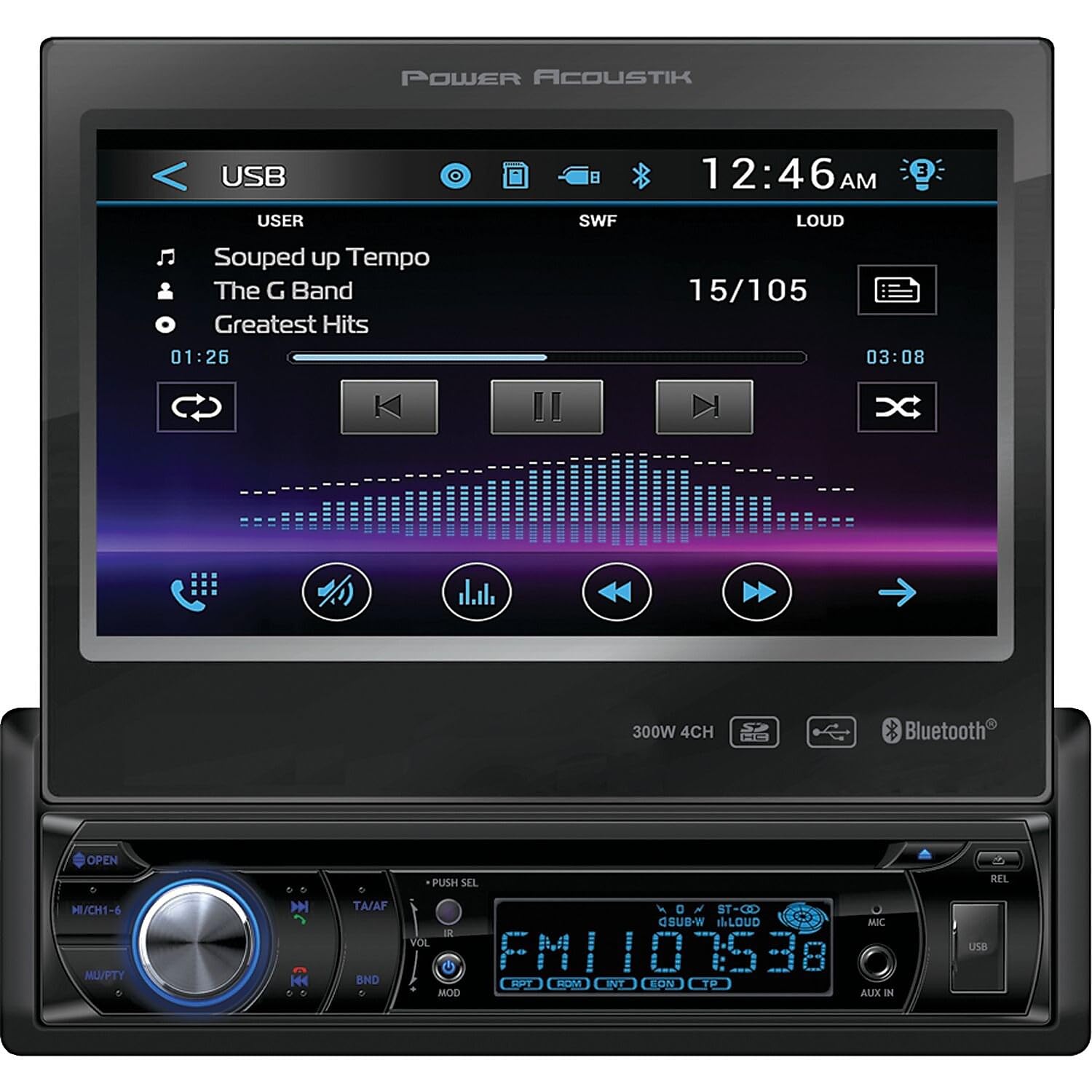 Power Acoustik PD-724B 1-DIN Source Unit With Bluetooth/Motorized 7" LCD,Black