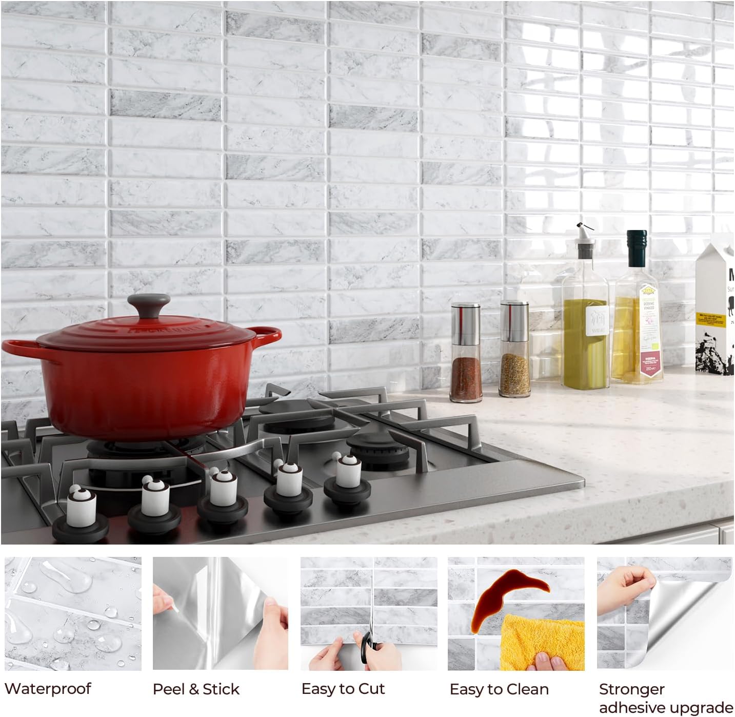 FunStick 15pcs Peel and Stick Subway Tile Backsplash for Kitchen Wall 12x12 Removable Marble Grey White Peel and Stick Tile for Bathroom Shower Renters Self Adhesive Back Splash Stick on Tiles Sticker