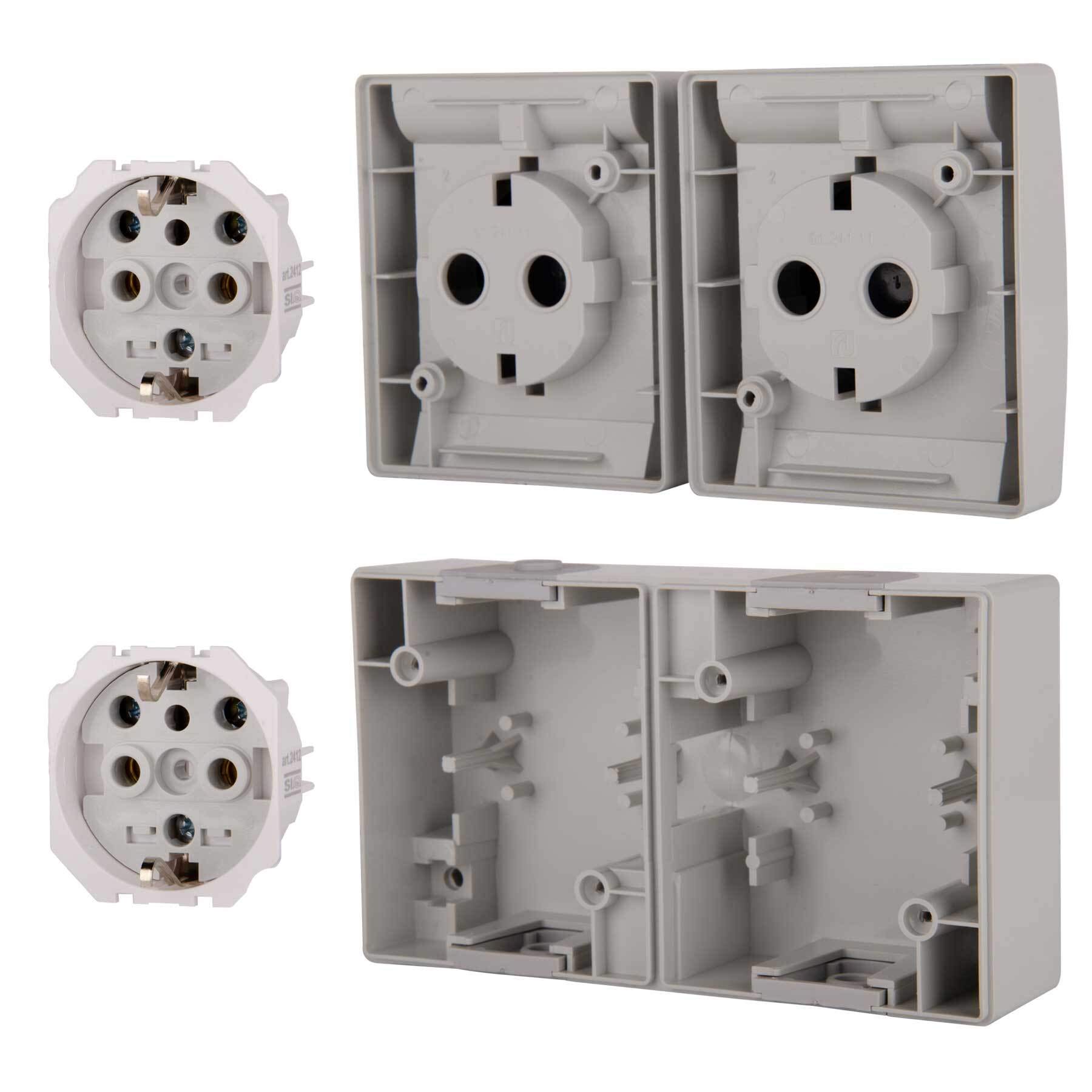 ALING-CONEL 2-fach Aufputz Schutzkontakt Steckdose mit Klappdeckel 16A/250V~ / IP44 - Grau (10er Set)