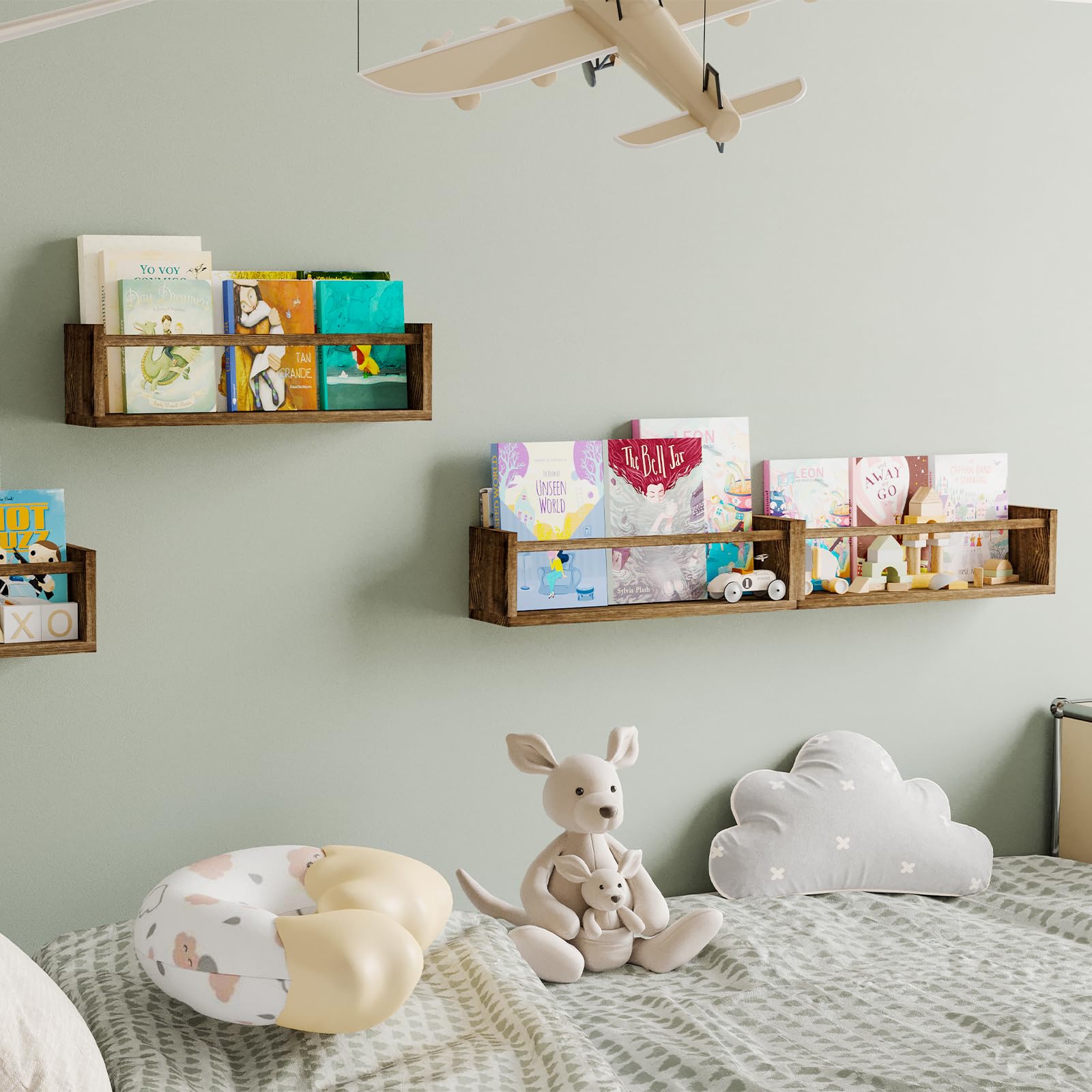 Fixwal Nursery Book Shelves, 16.5 Inch Floating Bookshelves for Nursery Decor & Playroom Decor, Set of 4, Solid Wood Wall Mounted Shelves for Books, Toys and Decor Storage (Brown)