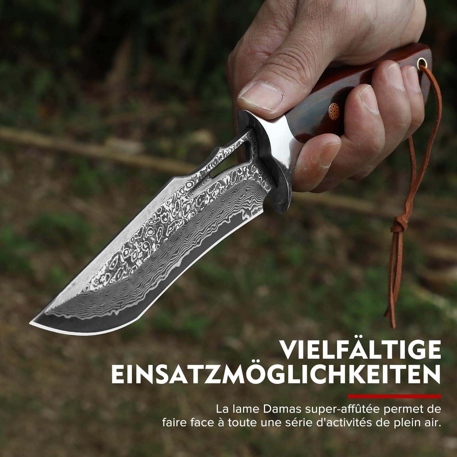 Omesio Couteau de Survie en Damas Forge à la Main, Style Japonais - Couteau d’extérieur à Lame Fixe avec Poignée en Bois et Étui en Cuir