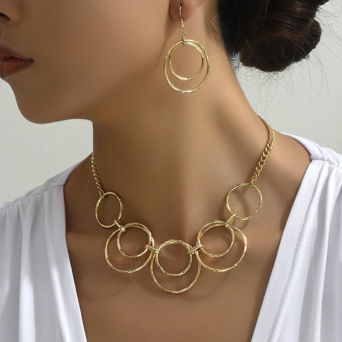 Gold Double-Loop Necklace Set for Women Loop Chain Link Choker Necklace and Dangle Loop Earrings Statement Jewelry Set - Image 3