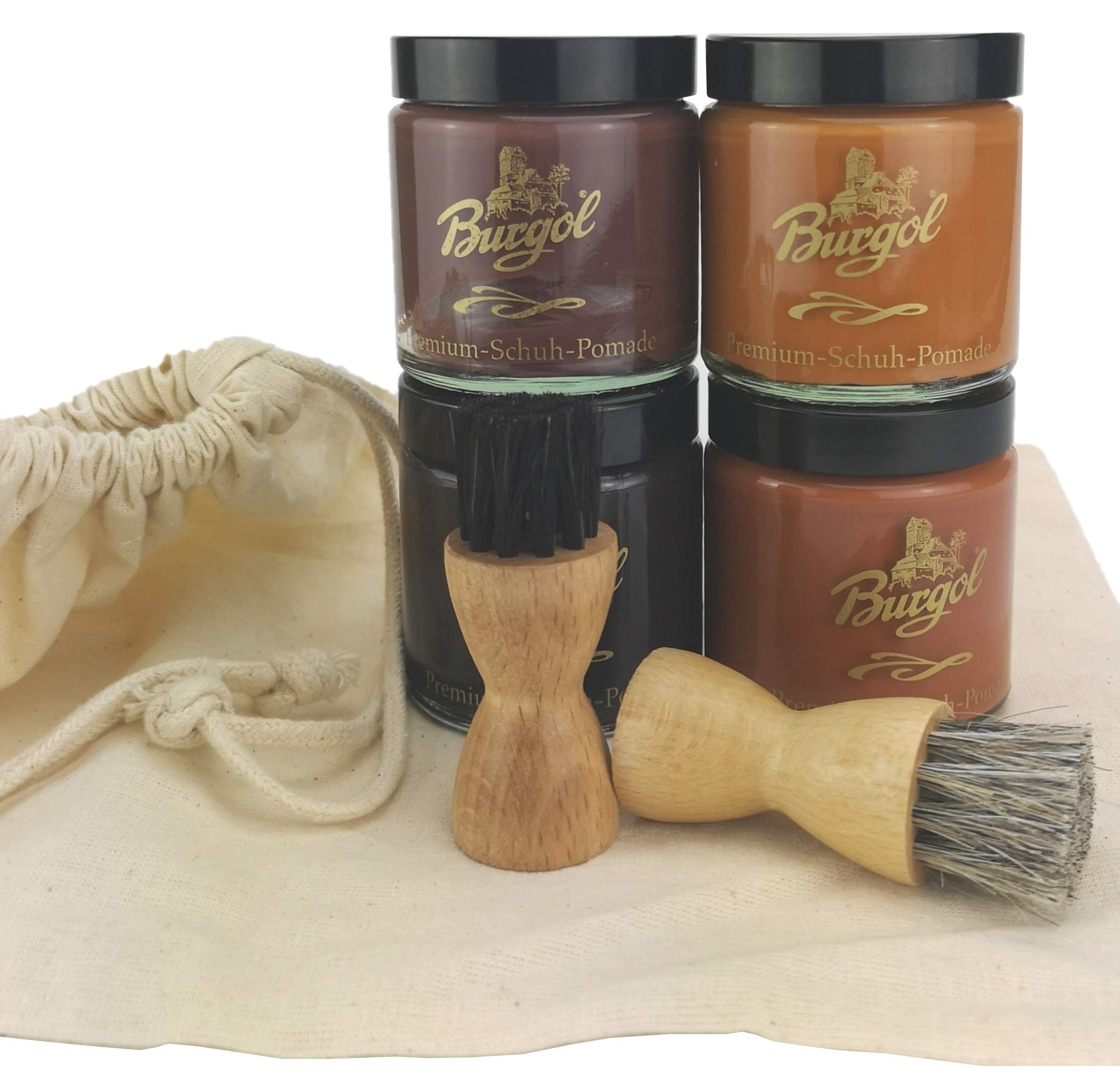 Schuhpflegeset mit Burgol Schuhpomade Dunkelbraun, Mittelbraun, Hellbraun, Cognac für Glattleder