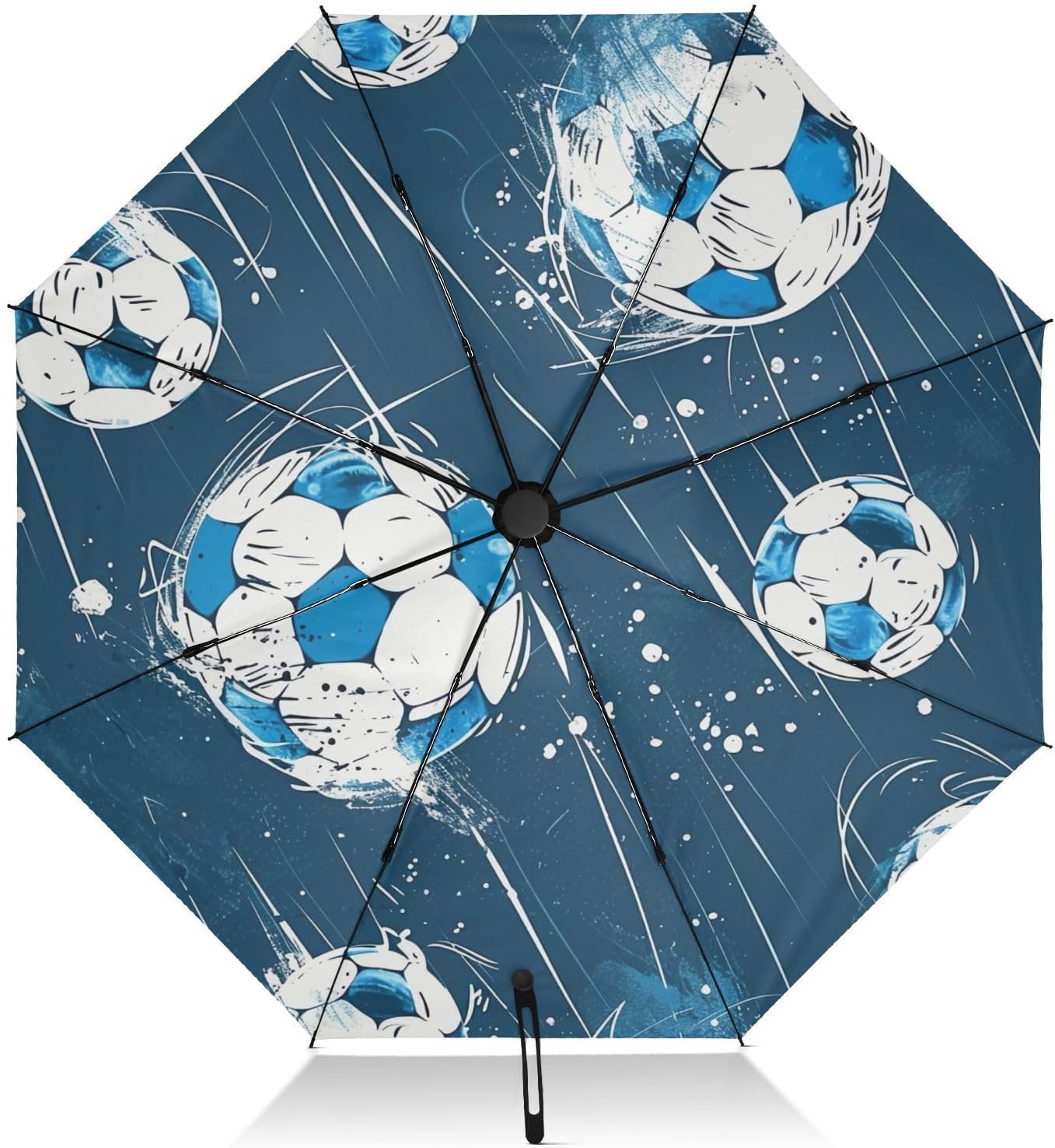 GAIREG White Blue Soccer Balls Umbrella, Lightweight Portable Automatic Open/close Umbrella for Women, Travel Umbrellas for Rain, Wind and Sun