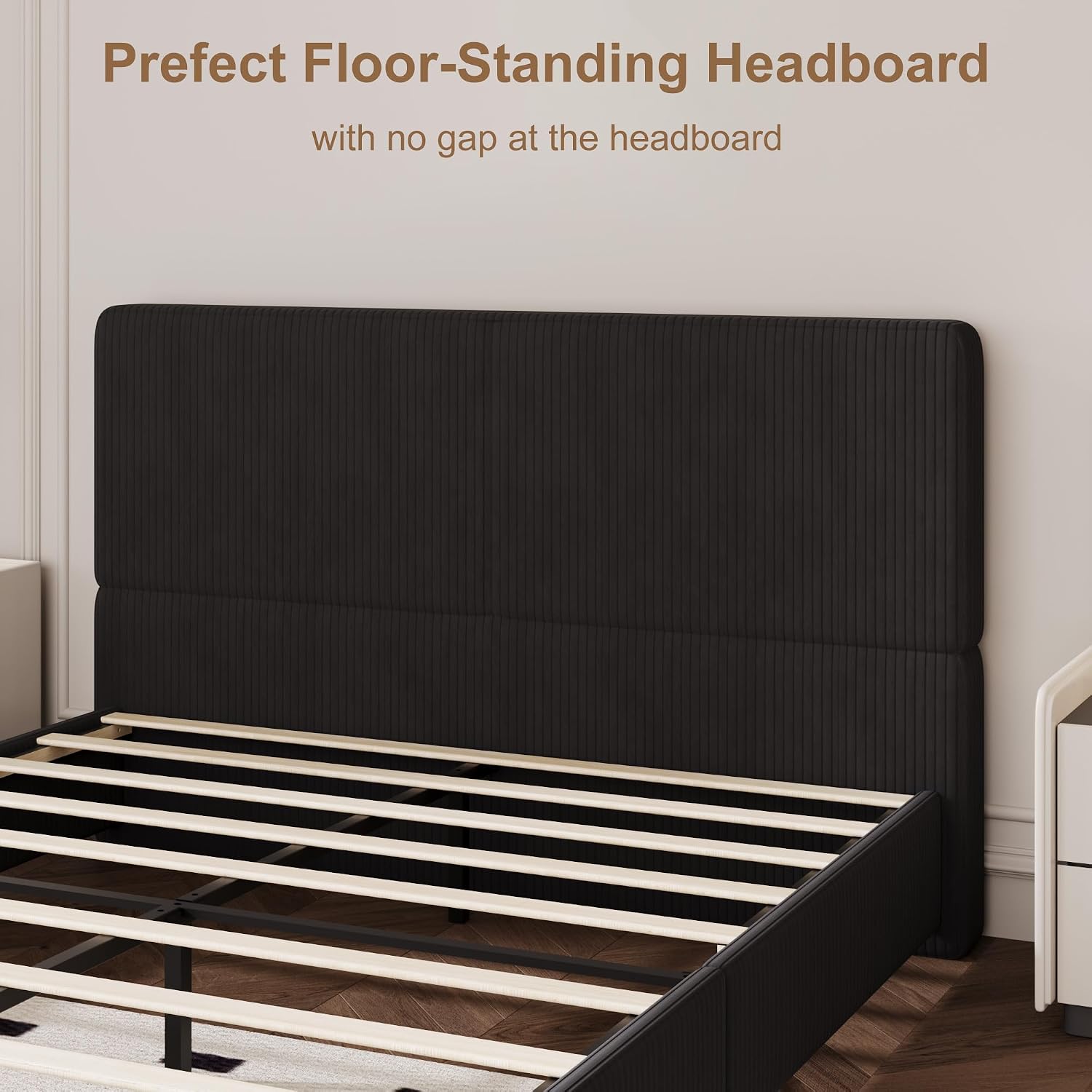 Takywep Queen Bed Frame with Headboard, Fully Corduroy Upholstered Platform Bed Frame, Noise-Free Design, Strong Wooden Slats Support, Easy Assembly Excludes Box Spring, Corduroy Black