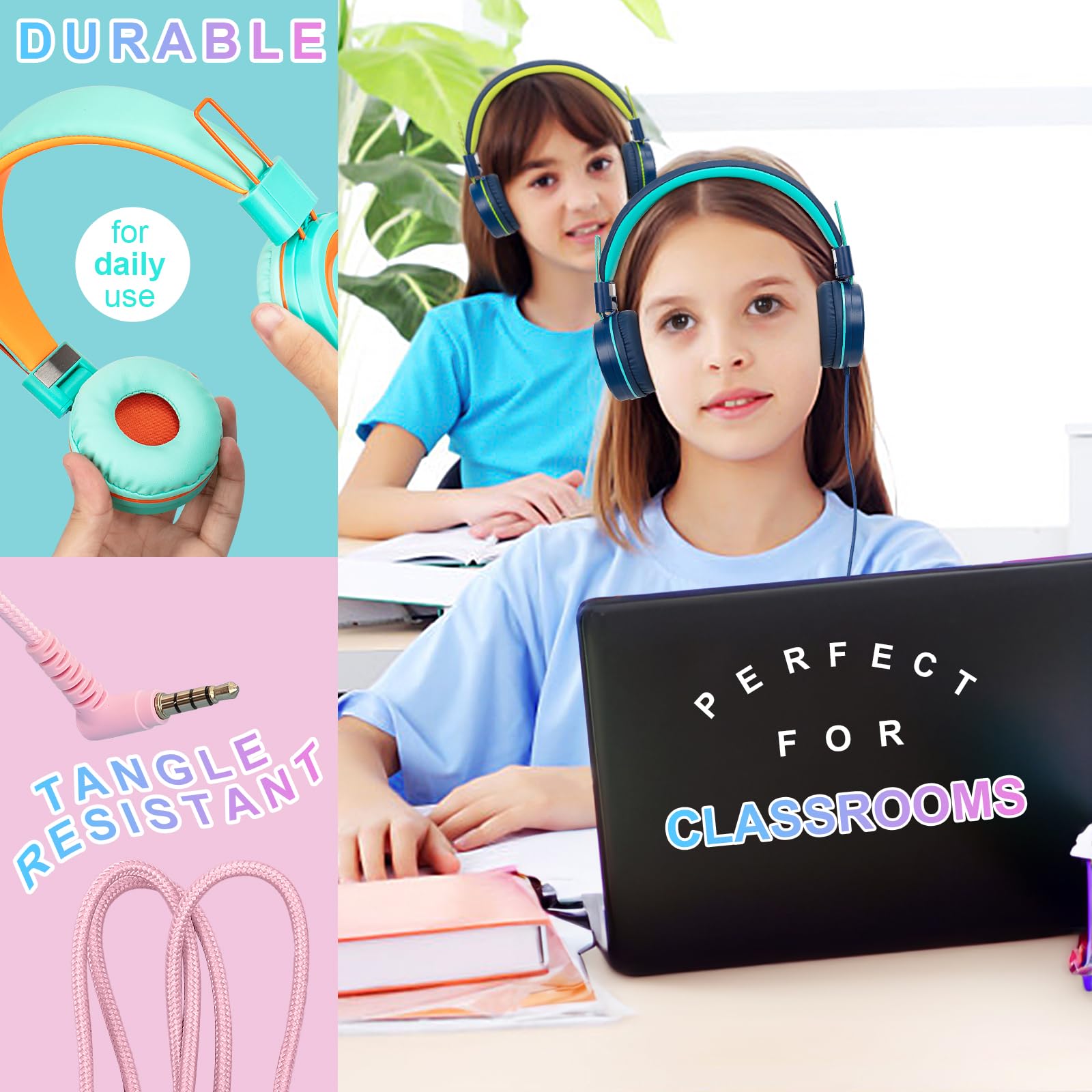 CN-Outlet 10 Pack Classroom Headphones Bulk for K-12 School Kids, Class Set Headphones for Students Teens Library Computer Testing Centers (Mixed Color with Microphone) 1