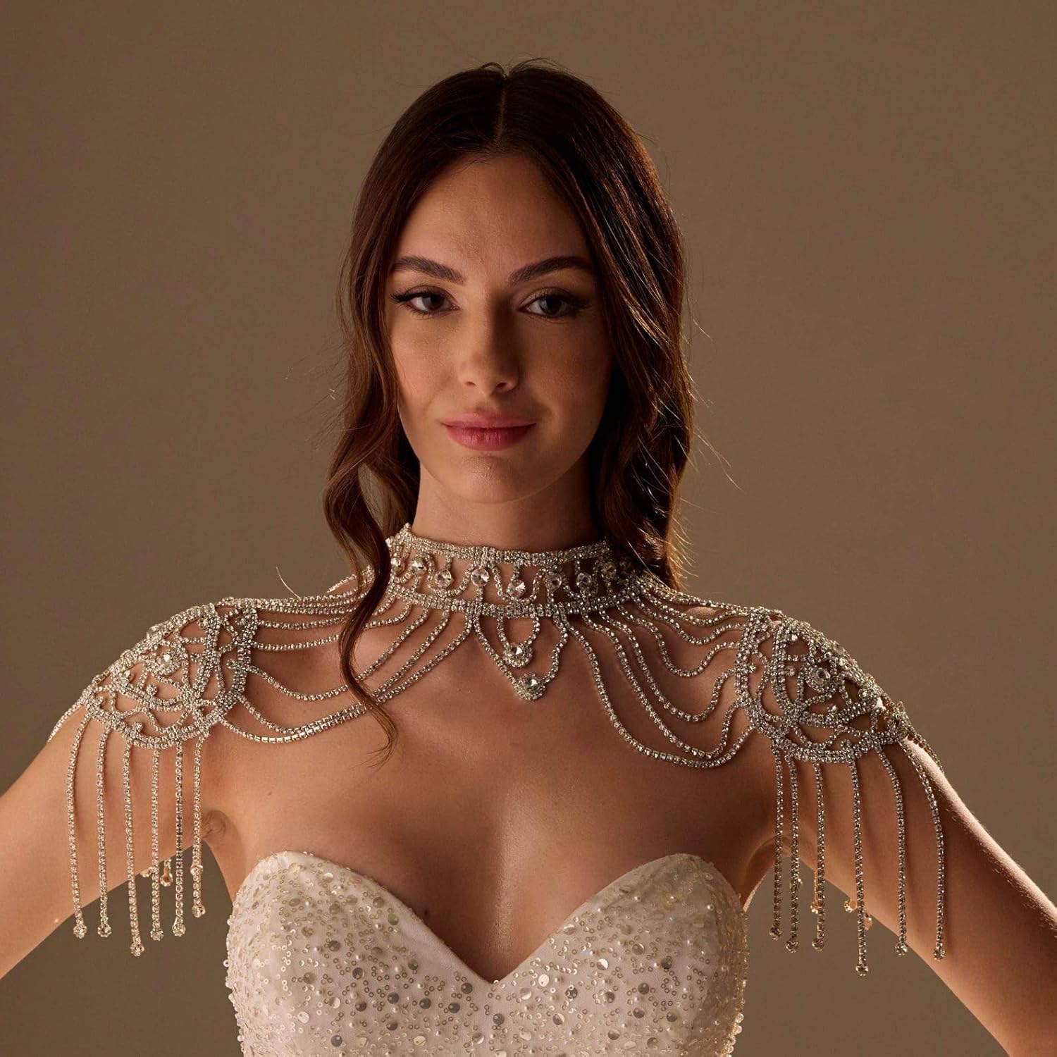 STONEFANS Bridal Rhinestone Shoulder Necklace Body Collar Jewelry Luxury Tassel Crystal Shoulder Harness Chain Wedding for Women