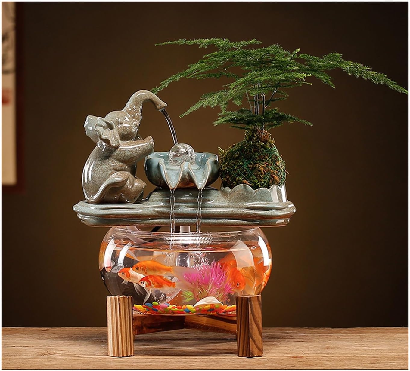 Ceramic Lucky Elephant Indoor Waterfall Fountain Aquarium Indoor Feng Shui Zen Decor Tabletop Water Fountain Glass Fish Tank for Home(Blue)