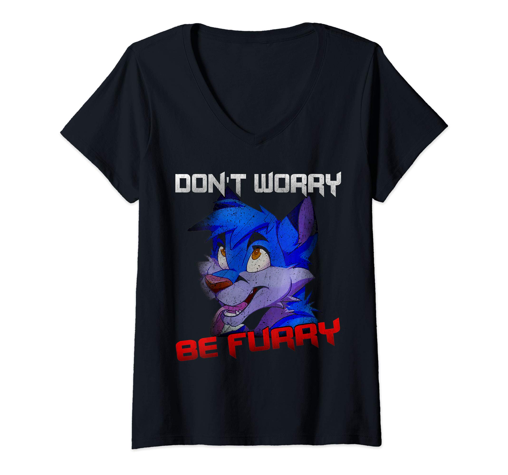 PeeKay Shirt Apparel - FurryWomens Furry Fandom - Dont Worry Be Furry Funny Wolf V-Neck T-Shirt