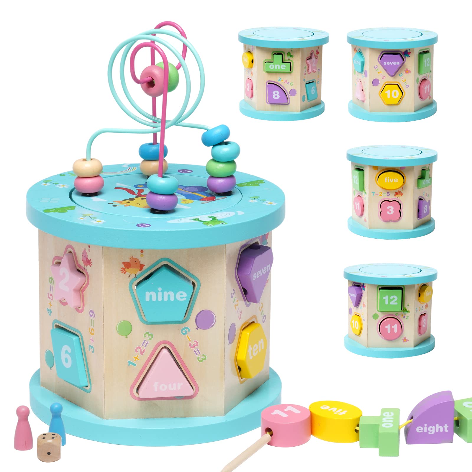 HOMCENT Wooden Activity Cube for Children, 6 in 1 Montessori Educational Wooden Toy for Toddlers, First Birthday Gift for Boys Girls Aged 3+