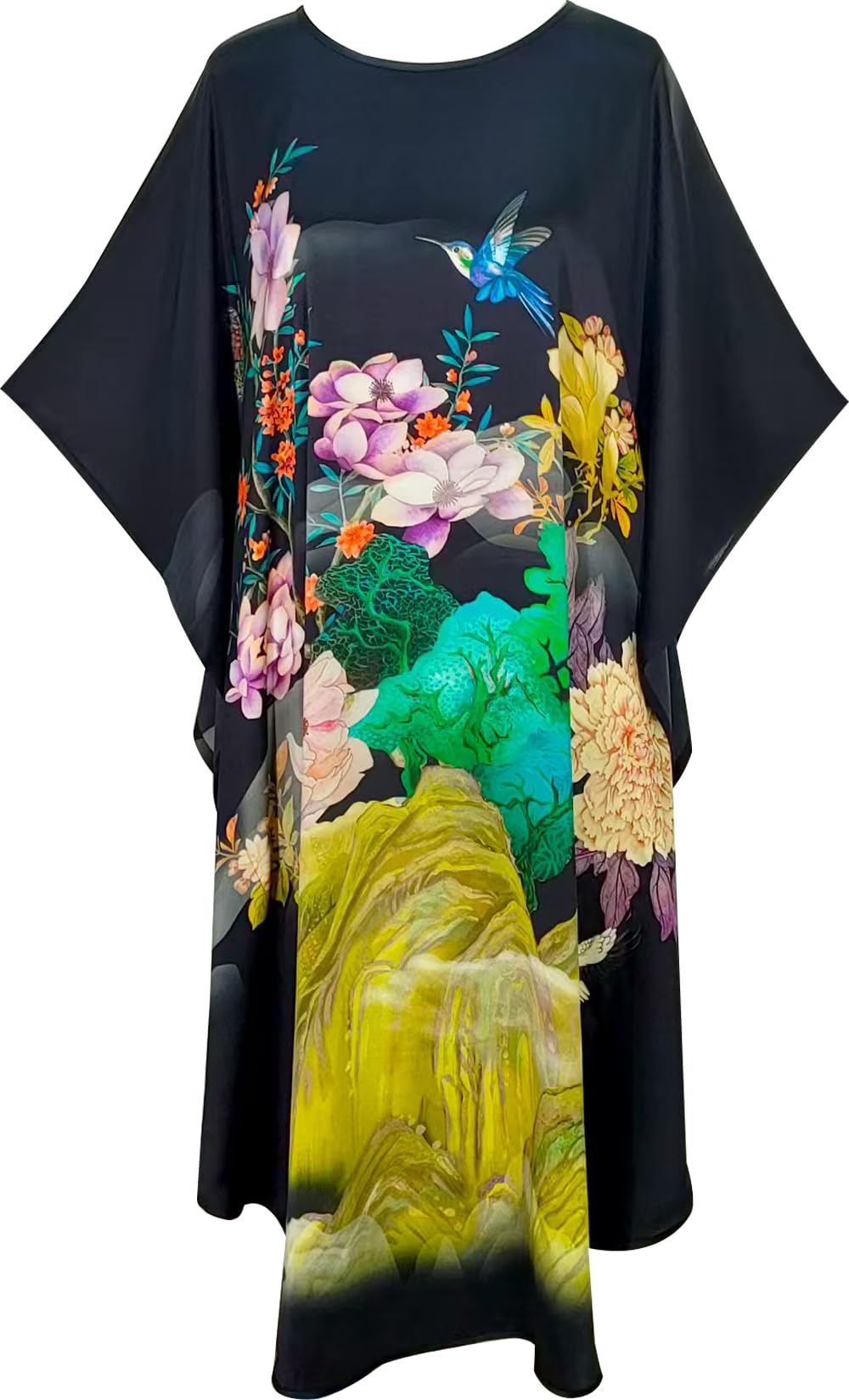 Kwedhongjh Womens 100 Silk Long Sleepwear Silk Womens Bathrobe Silk Kimono Doll Sleeve Long Bathrobe - Flower Pattern