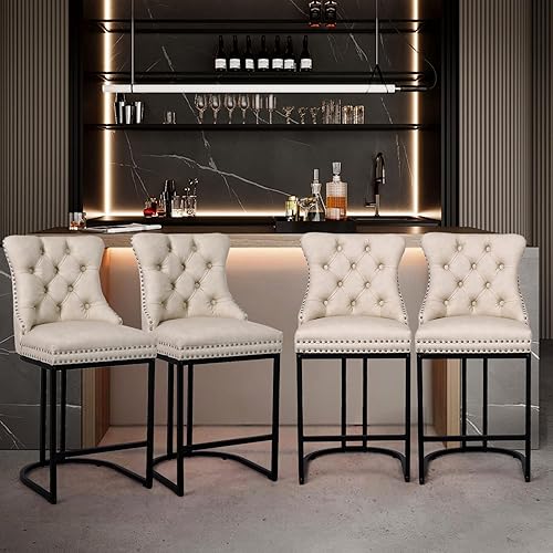 Miniatura 6 de UVV Juego de 4 taburetes de bar de altura de mostrador, taburetes de bar modernos de 26 pulgadas con respaldo, sillas de mostrador de tapicería