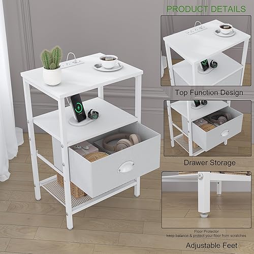 Miniatura 5 de Sthmec - Juego de 2 mesitas de noche LED con estación de carga y cajón de tela, mesita de noche con almacenamiento, mesa auxiliar de 3 niveles con