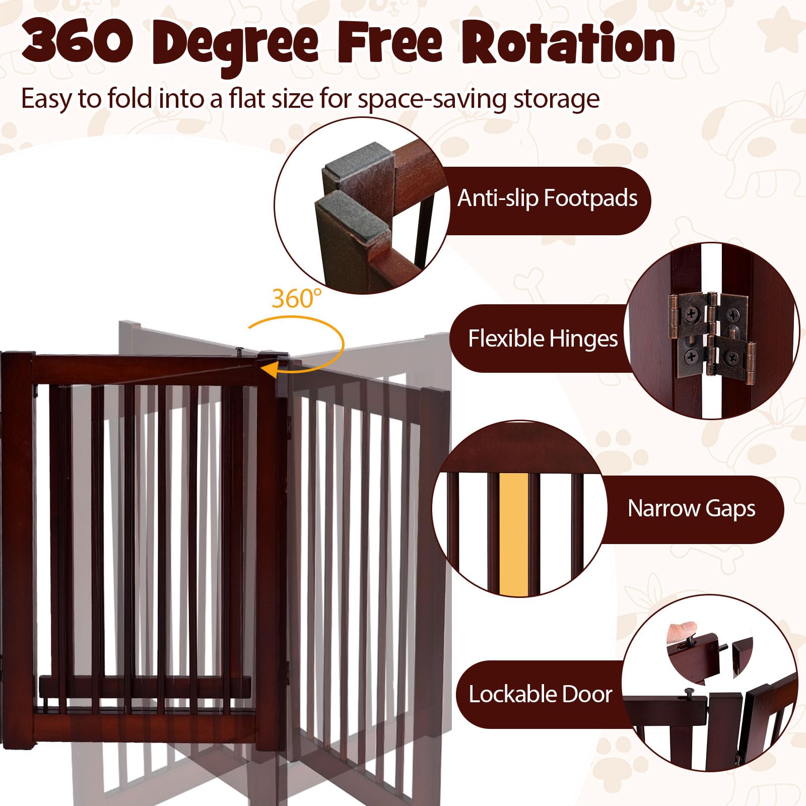 SOARS Cancelletto per Cani Pieghevoli 210 x 61 cm, Barriera per Cani in Legno a 3 Pannelli con Porta a Serratura, Recinzione per Scale, Ingressi e Corridoi (Marrone)