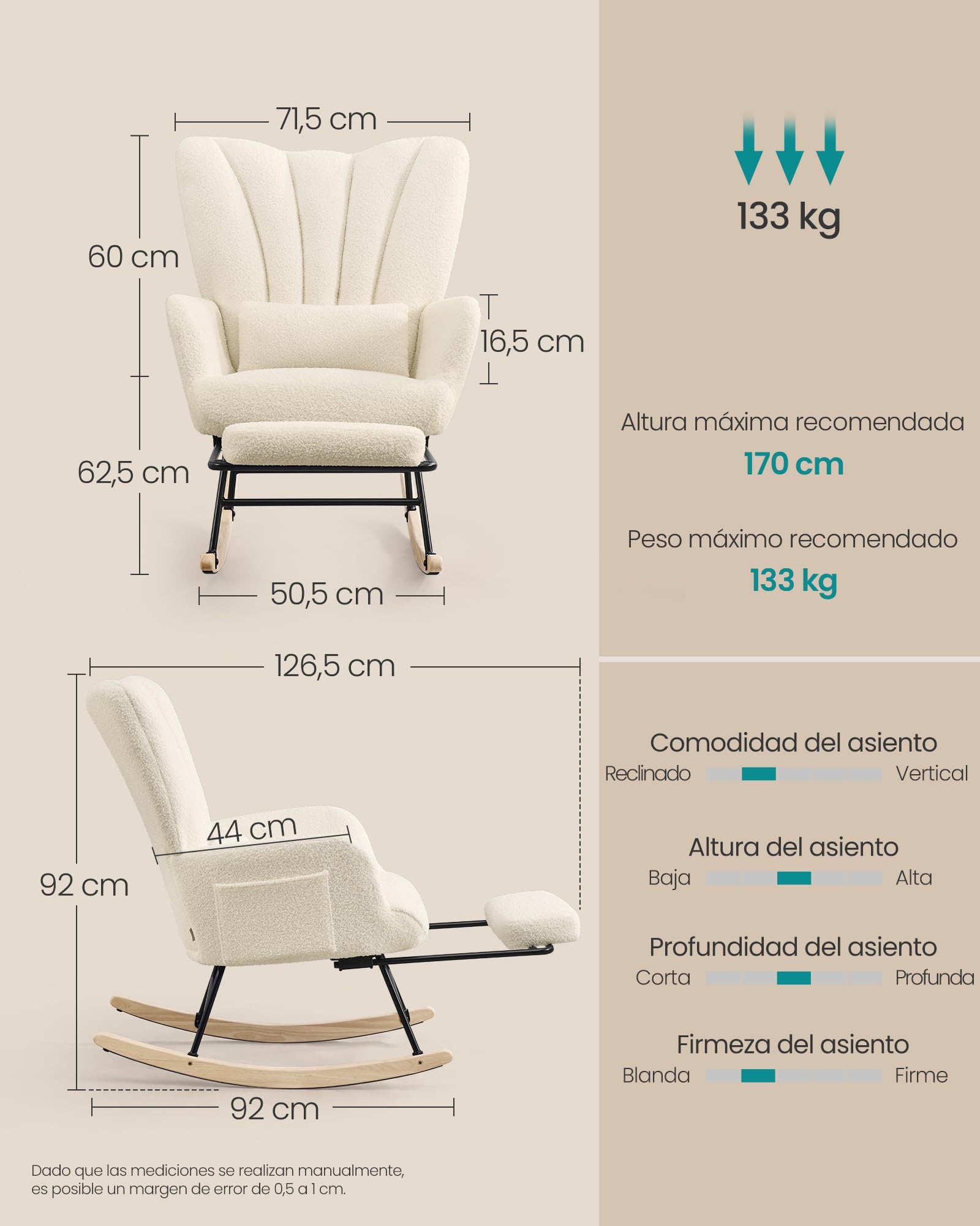 SONGMICS Silla Mecedora, Sillón Mecedora con Reposapiés Extraíble, Cojín Extraíble, Bolsillos Laterales, Patas de Madera, Tejido de Felpa, para Dormitorio y Salón, Blanco Crema LYY018W101