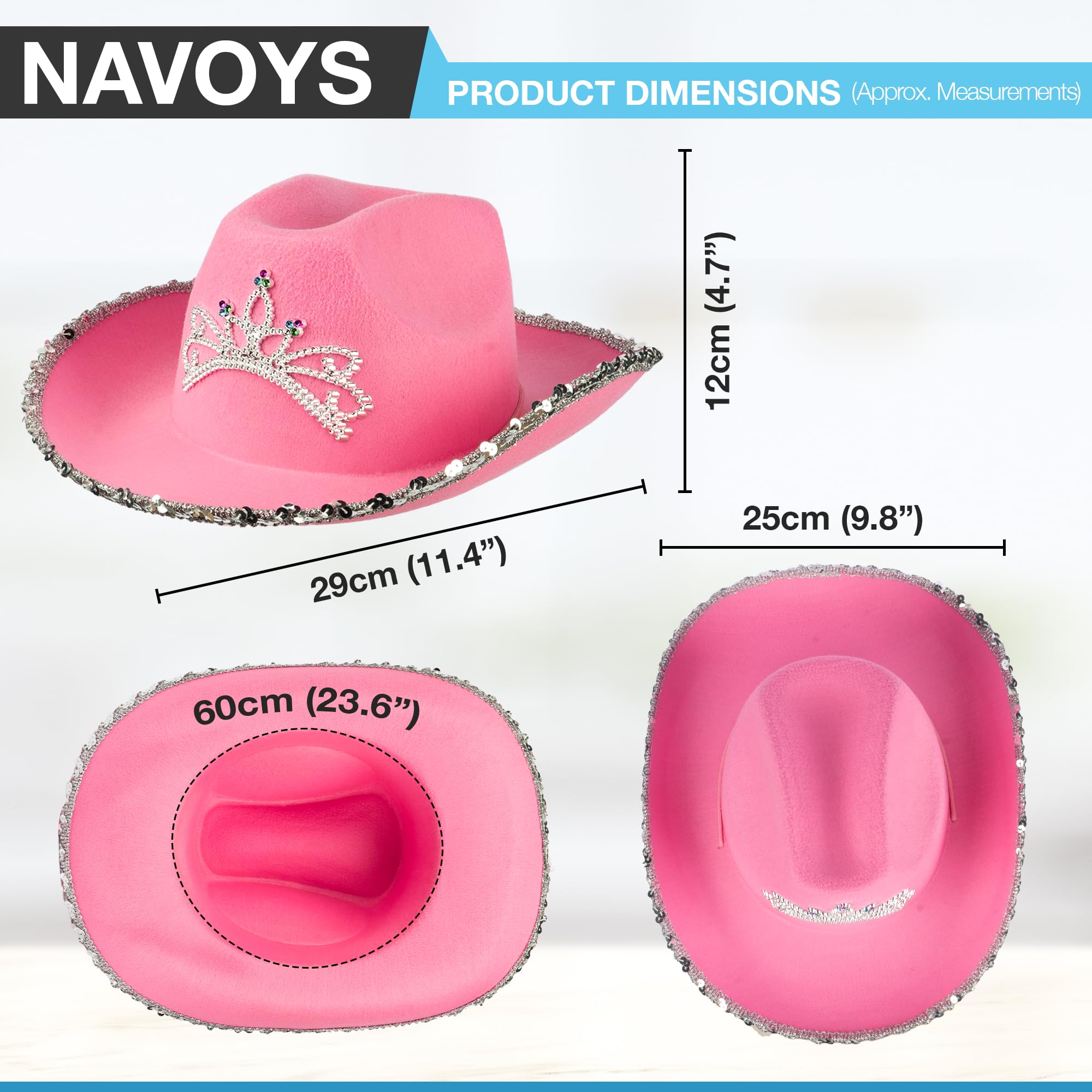 Navoys Pink Cowgirl Hat with Silver Tiara & Glitter Confetti Trim, Wide Brim - Image 2