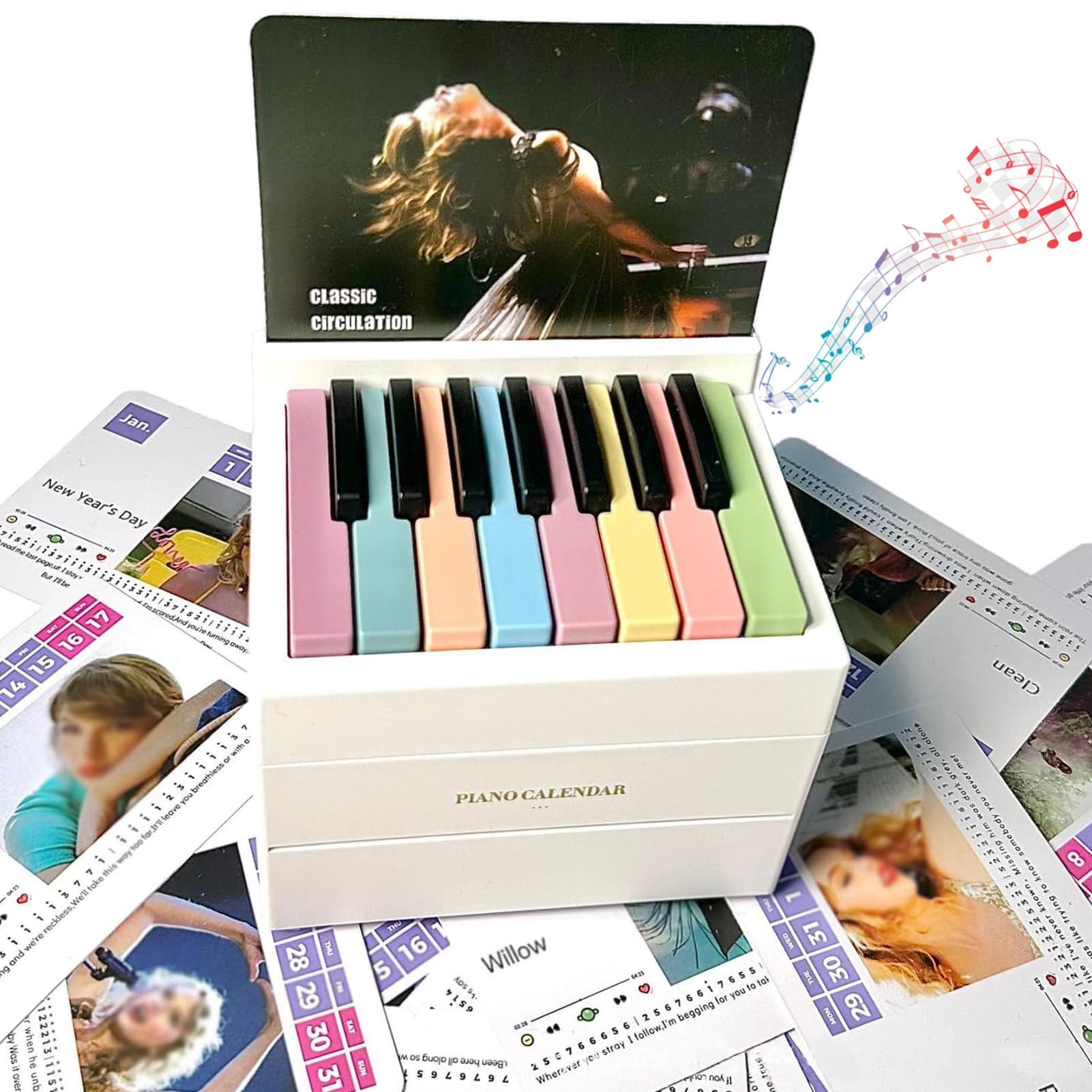 Calendario da Tavolo per Pianoforte riproducibile 2024, Calendario Taylor Mini Piano, Volume Regolabile, con 52 spartiti su 27 Carte, Ottimo Regalo per la Famiglia e Gli Amici (White)