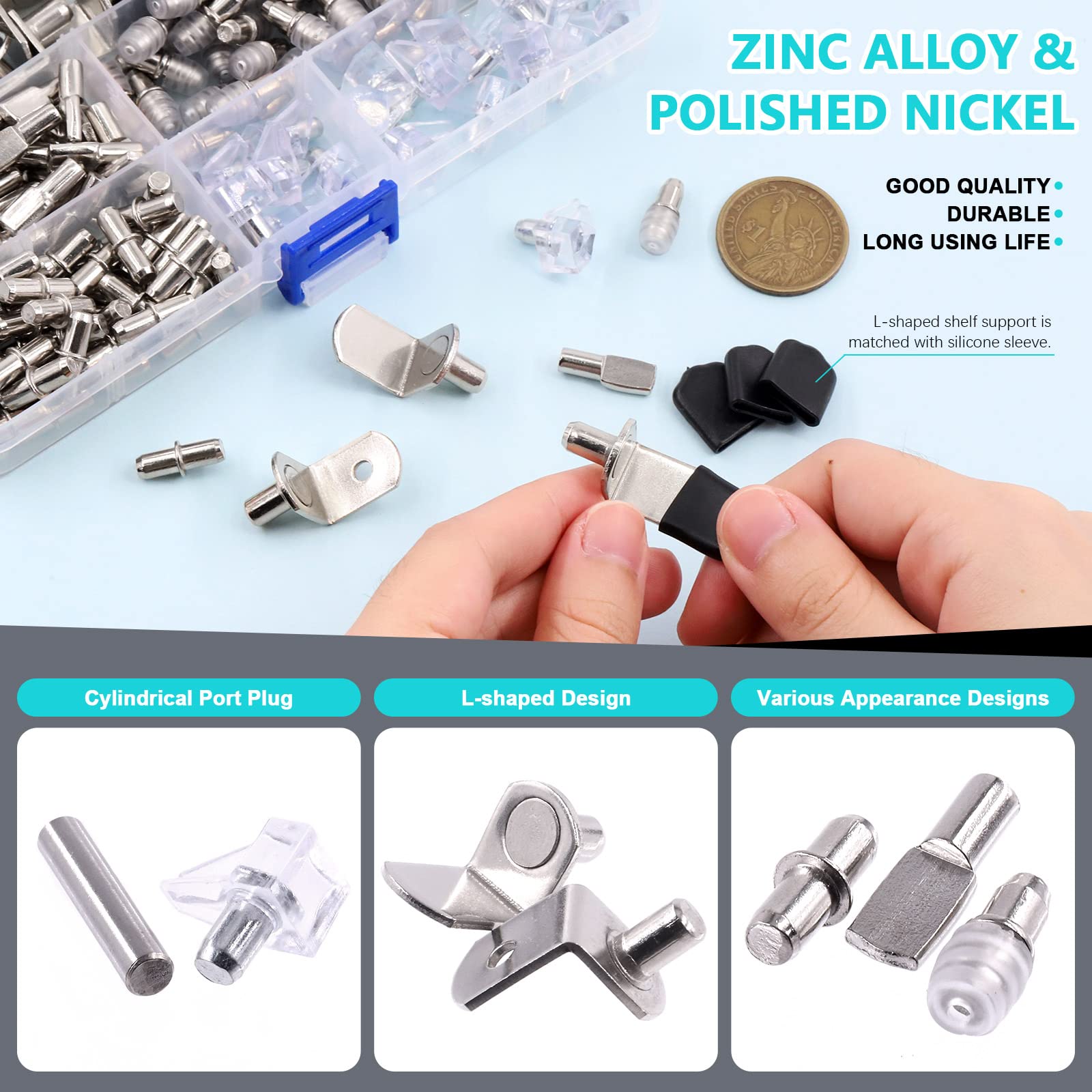 Cimeton 221Pcs 7 Styles Nickel Plated Shelf Pins Shelf Support Pegs Kit, Cylindrical Pins Holder, Dowel Pin, PVC Shelf Pin - Image 4