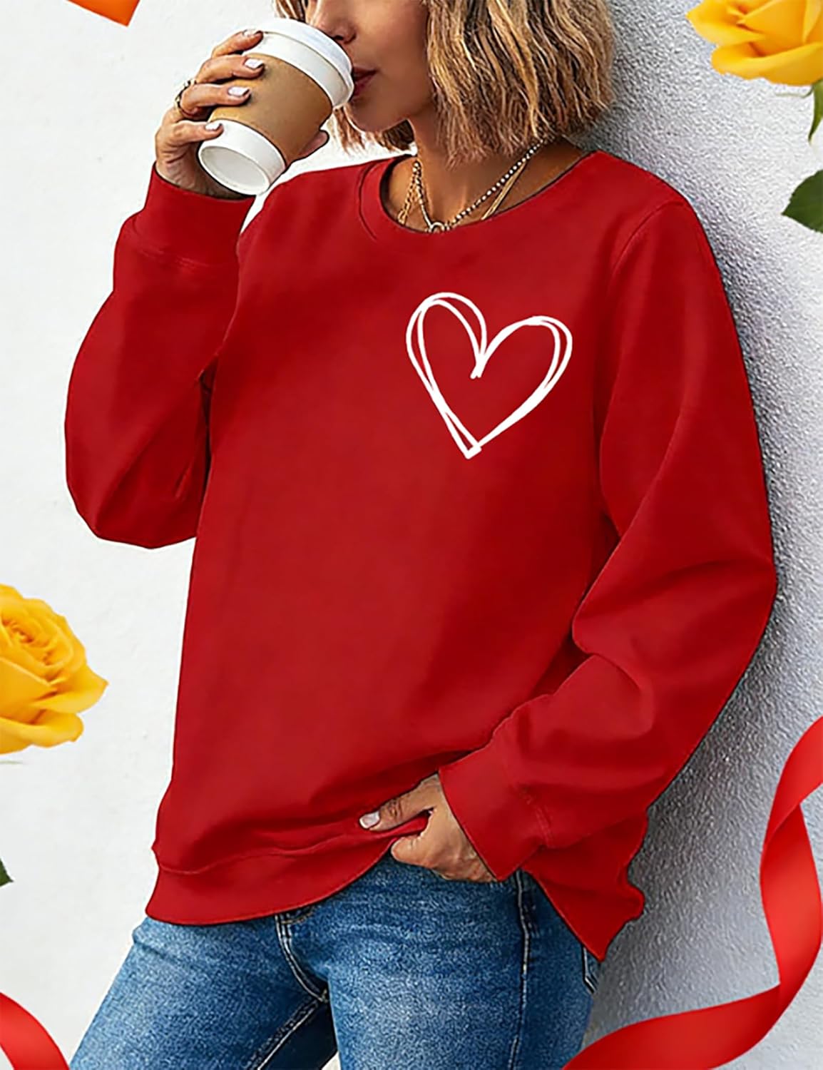 LLHXRUI Valentine's Sweatshirt for Women Cute Heart Love Shirt Graphic Tees Raglan Long Sleeve Pullover Tops - Image 2