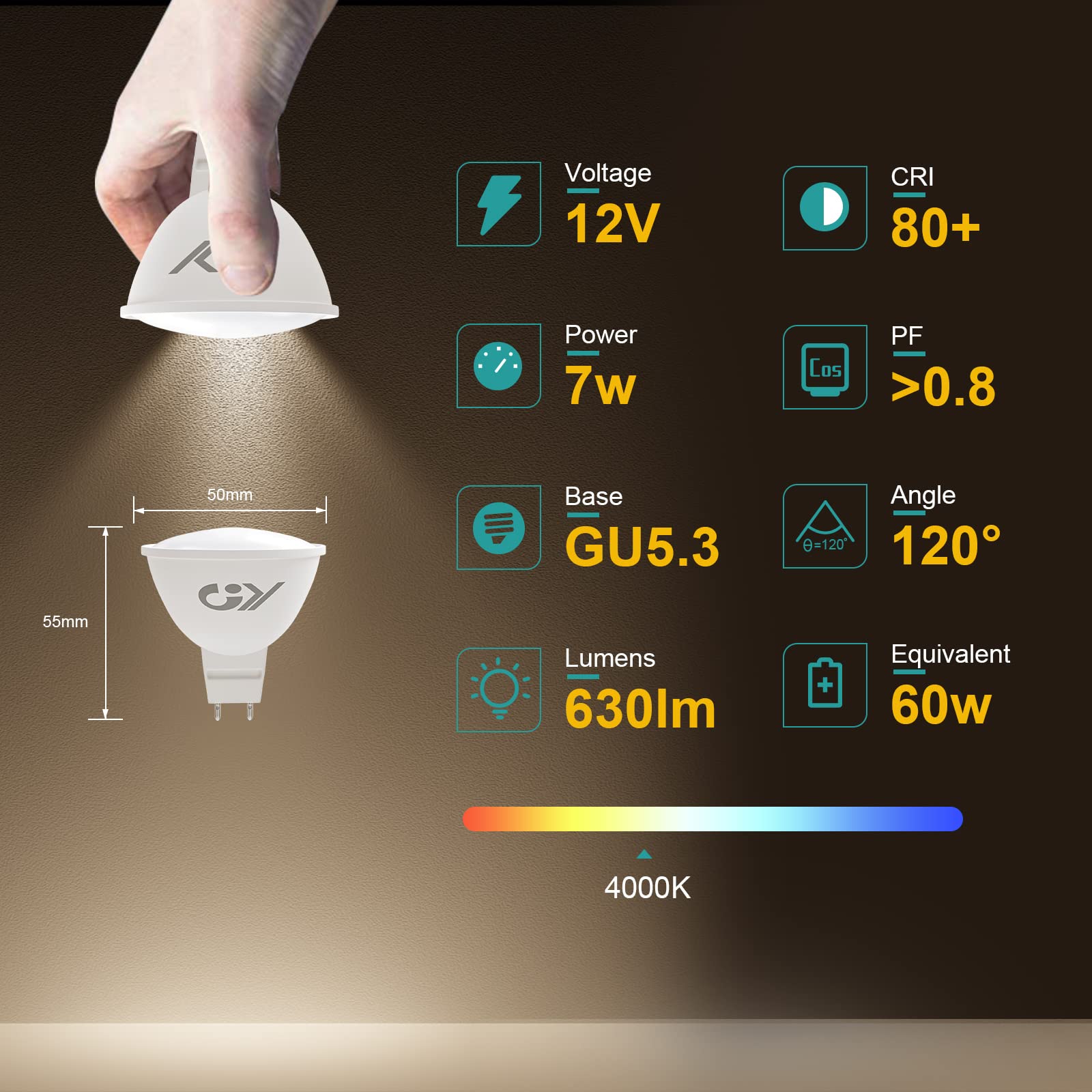 GY GU5.3 LED MR16 7W 630LM Lampadine 12V, (equivalenti a 60W), 4000K Bianco Neutro, 120° Angolo del Fascio Lampadine GU5.3, AC/DC 12Volt, non dimmerabile lampadine, 12 pezzi
