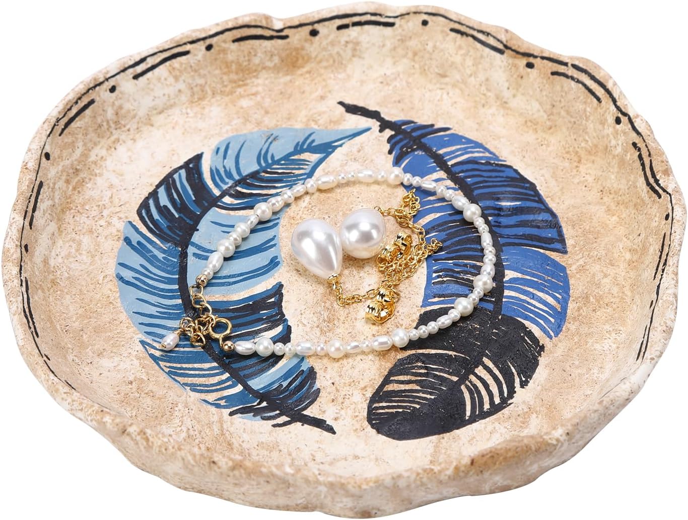 Feather Circle Trinket Dish – Blue Handmade Jewelry Tray with Symbol of Freedom & Protection (Feather Circle)