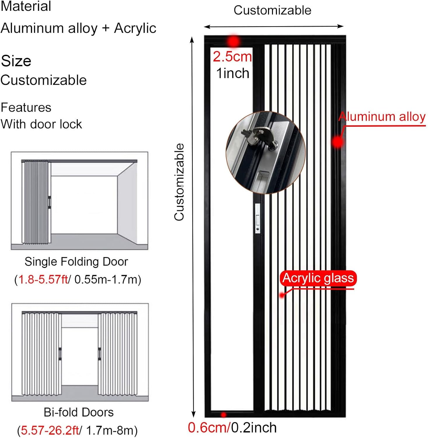 Customizable Folding Doors Kit with Lock, No Drilling Interior Accordion Door with Acrylic Glass, Household Large Room Divider Sliding Door for Bathroom Kitchen Attic(115x185cm/45x73in)