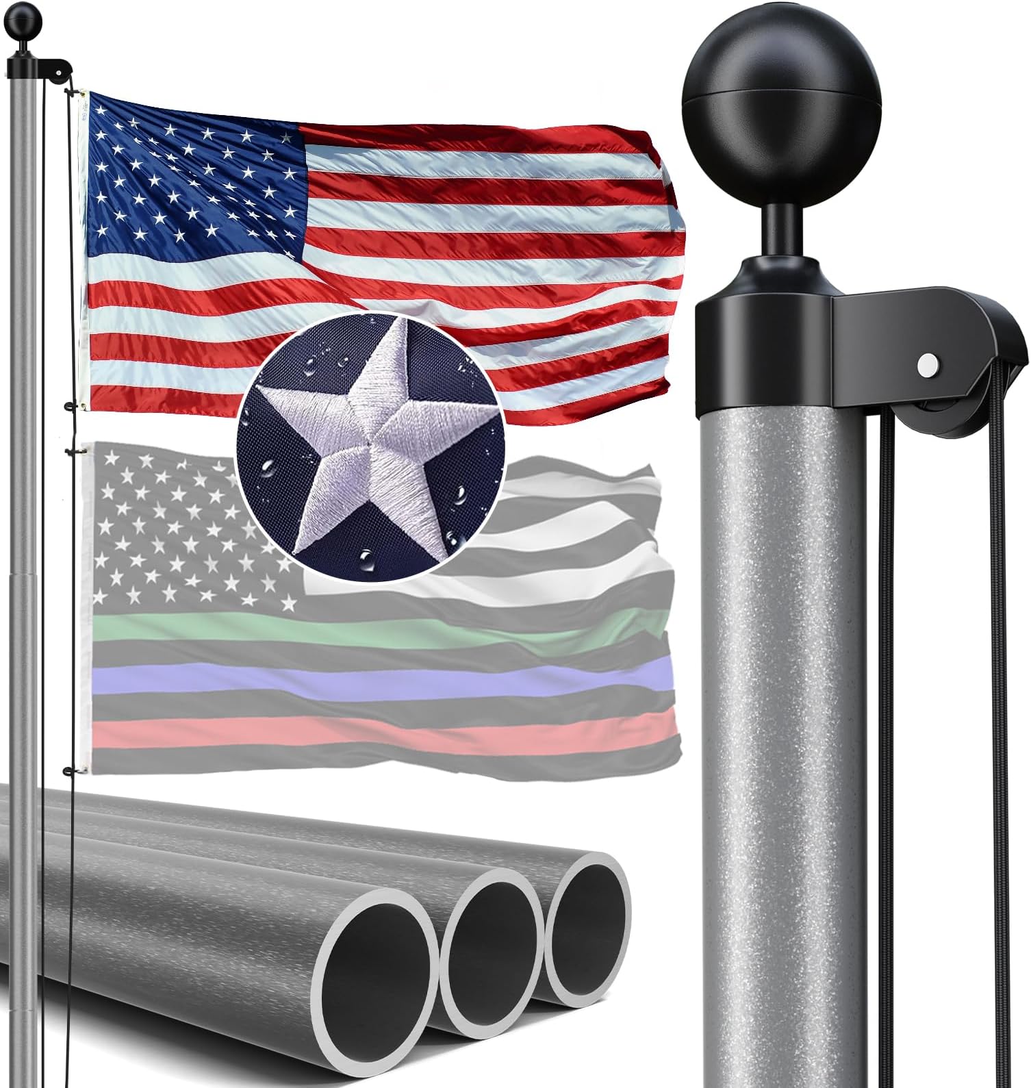 20FT Heavy Duty Flag Pole, 12-Gauge Aluminum, 100MPH Wind Tested | Extra Thick Residential & Commercial Flagpole Kit for Outside House – Includes USA Flag & All Hardware to Fly Two Flags