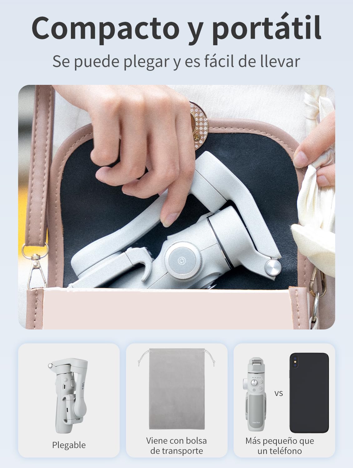FeiyuTech VB4 Estabilizador de Móvil con Seguimiento IA, Barra Extensible de 216 mm y Luz Integrada, Gimbal 3 Ejes para Smartphone, Compatible con iPhone 17/16 y Samsung S25, Ideal para Vlog y Vídeo