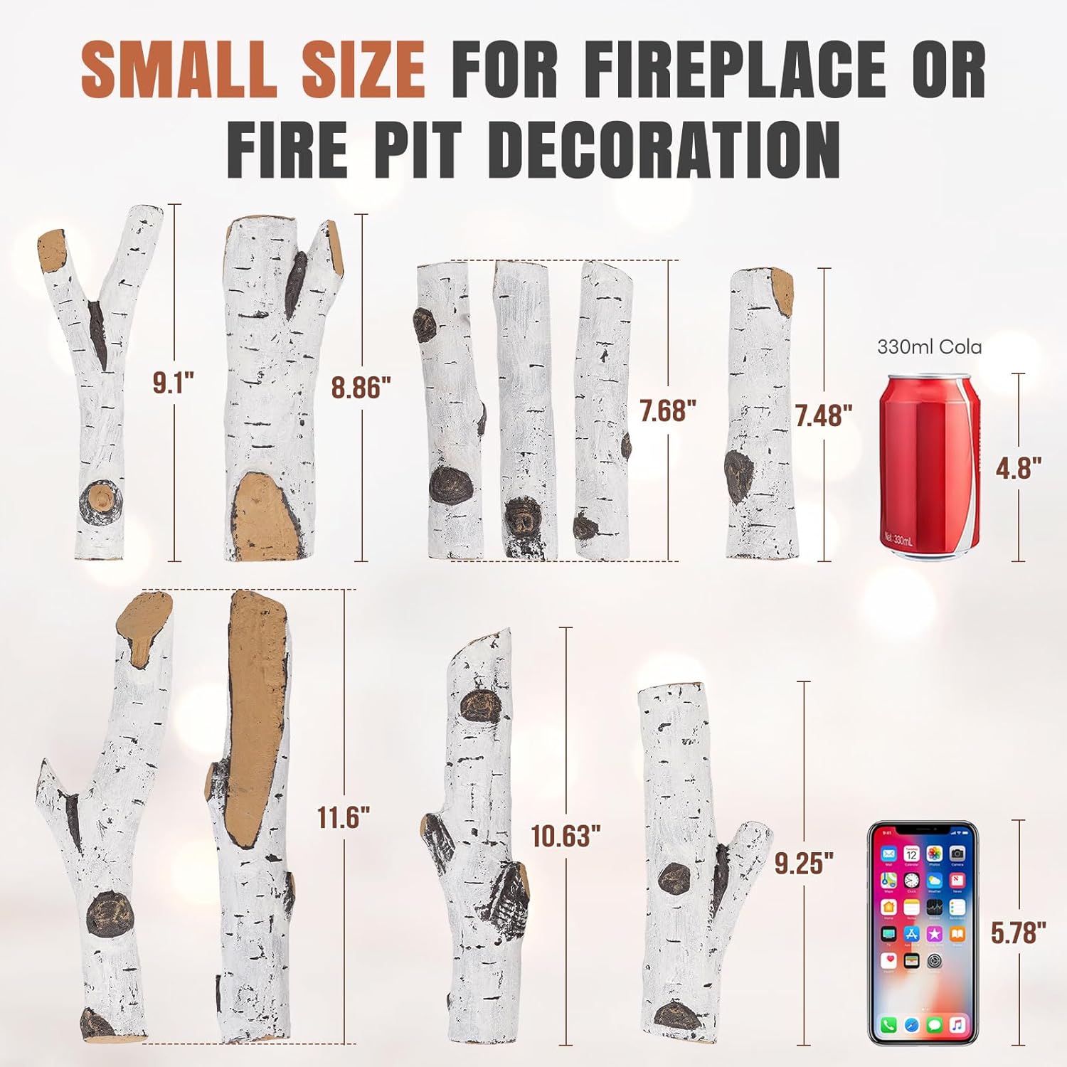 10 Pcs Gas Logs Set - White Birch Realistic Ceramic Logs for Indoor/Outdoor Gas Fire Pits, Fireplace, Ventless Faux Fireplace Wood - Lightweight Fake Logs Decor