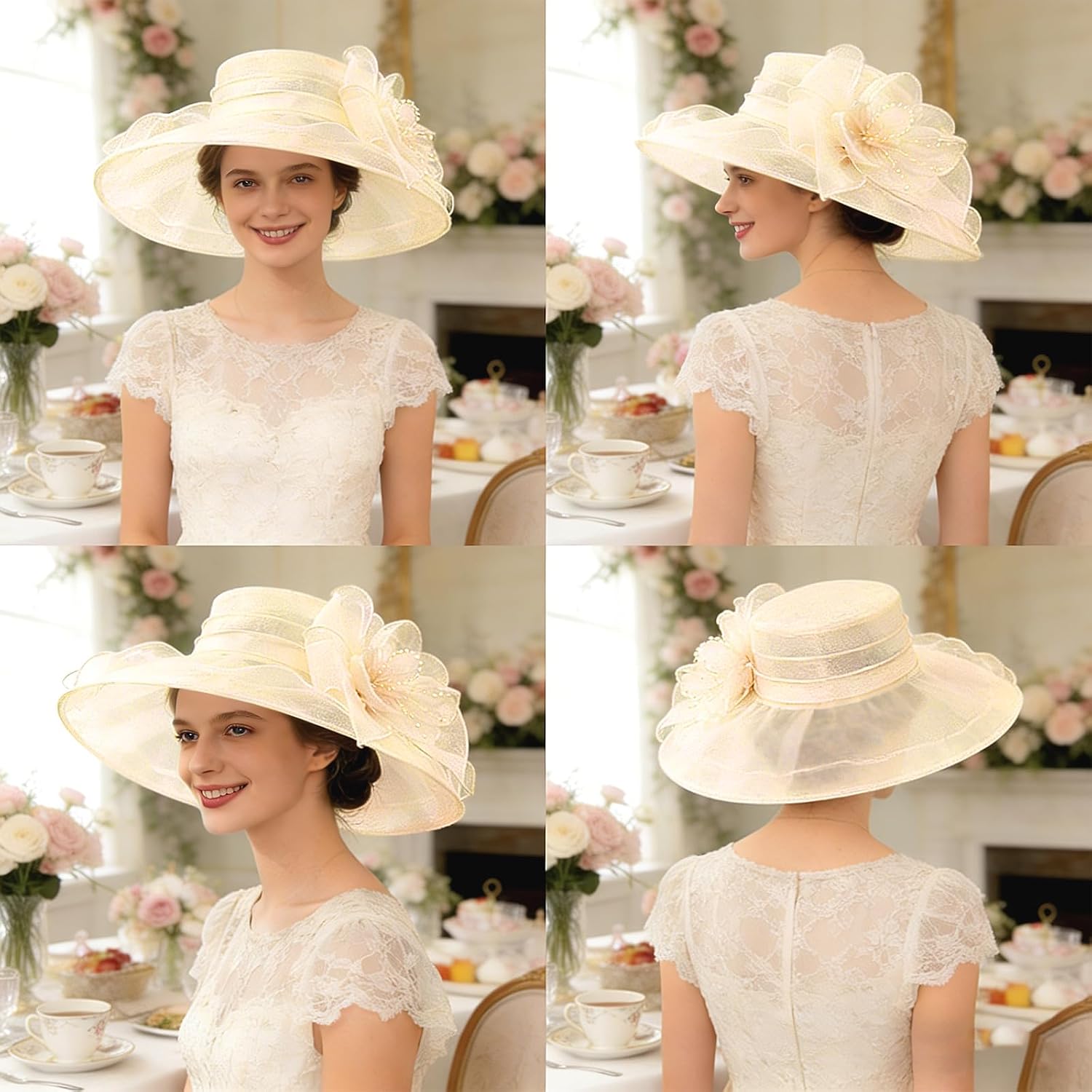 DRESHOW Women Organza Hat Church Cap Hats Clearance Kentucky Derby Cocktail Tea Party Wedding Flower Hat with Wide Brim