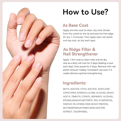 Miniatura 7 de Ridge Filler Base Coat 3 en 1 Fortalecedor de Uñas Crecimiento, Relleno de Ridge Fortificante Transparente para Uñas Irregulares Dañadas, Fórmula