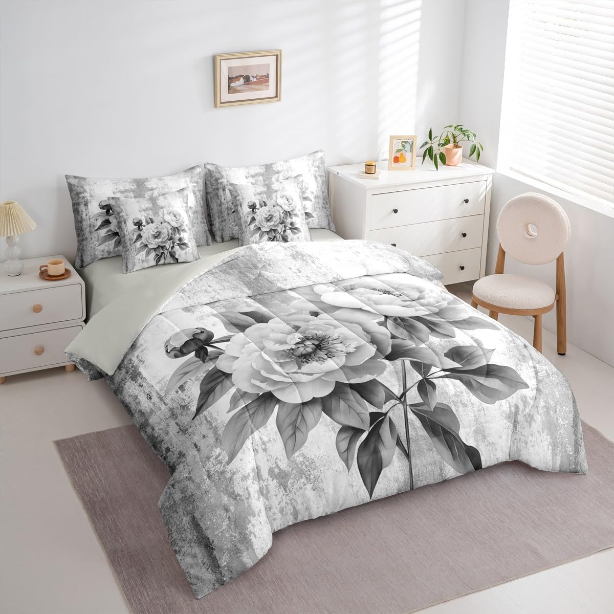 Watercolor Peony Floral King 7-Piece Bedding Set Abstract Oil Painting Comforter Set with Sheets Rustic Farmhouse Bed in a Bag with Flat and Fitted Sheet Gray White Flowers Bedding Sets & Collections