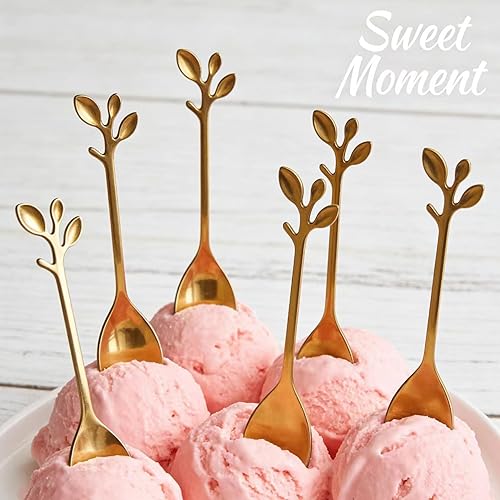 Miniatura 9 de 20 cucharas de café de hojas, cucharaditas de acero inoxidable dorado y plateado con mango de hojas para té helado, café, postre