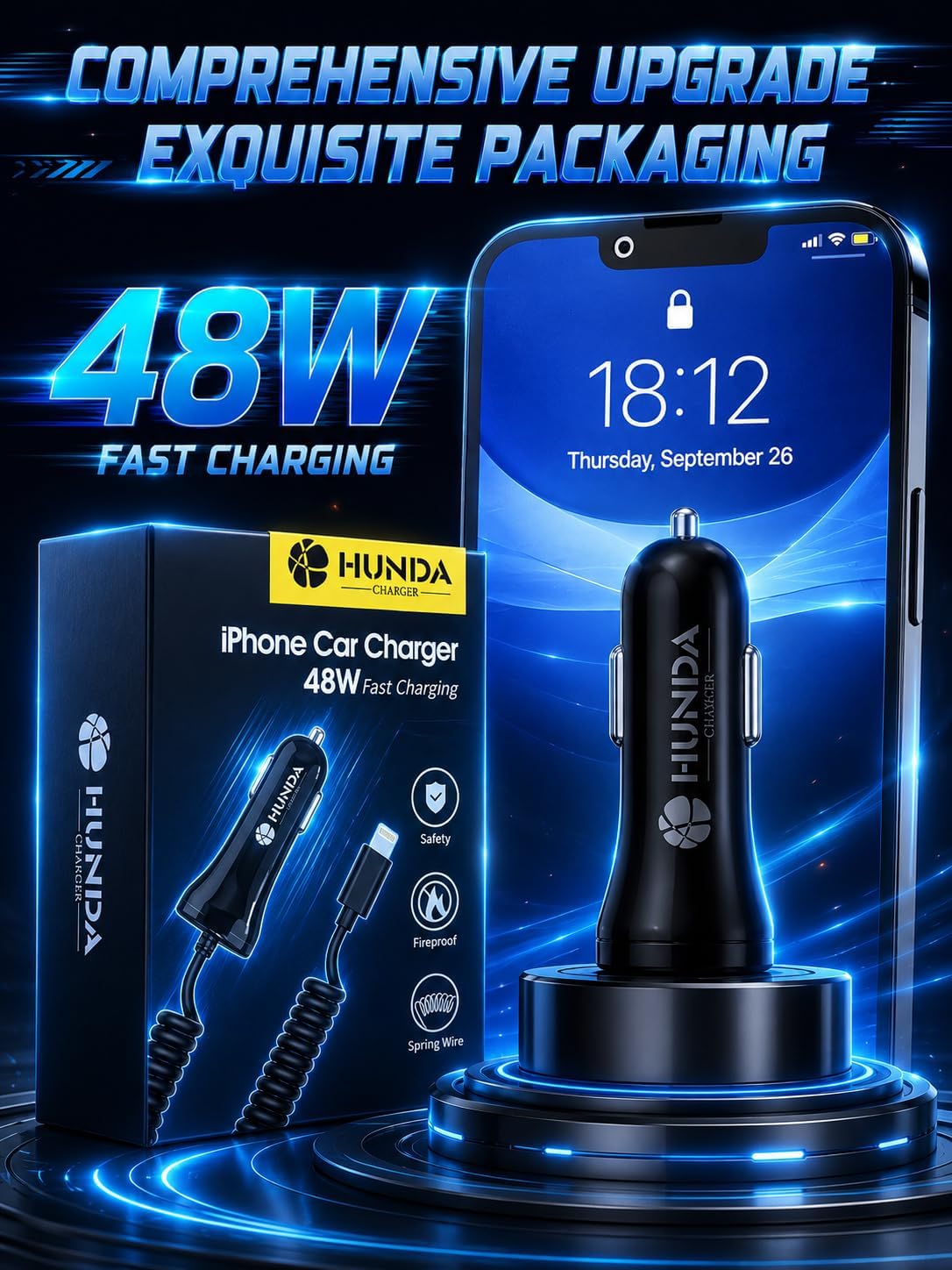 HUNDA Fast Car Charger 48W, Dual Port Super Fast Charging with PD3.0 & QC4.0, Car Accessories with Built-in 5ft Coiled Lightning Cable for iPhone 15-11 Series, iPad & More