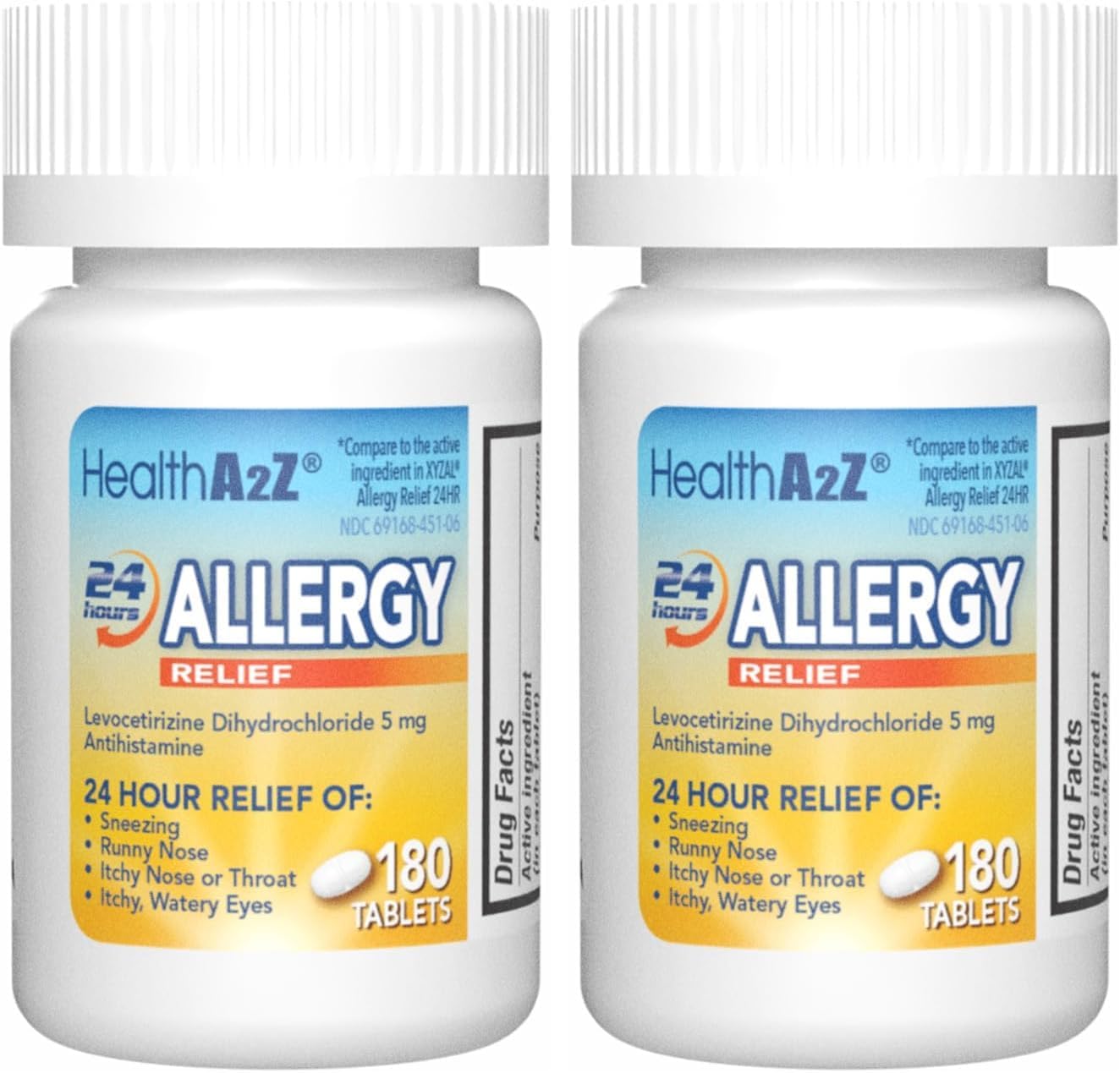 HealthA2Z® Allergy Relief | Levocetirizine Dihydrochloride 5mg | 24 Hours | Antihistamine | Relief from Sneezing, Runny Nose, Itchy Nose and Eyes (180 Counts) (Pack of 2)