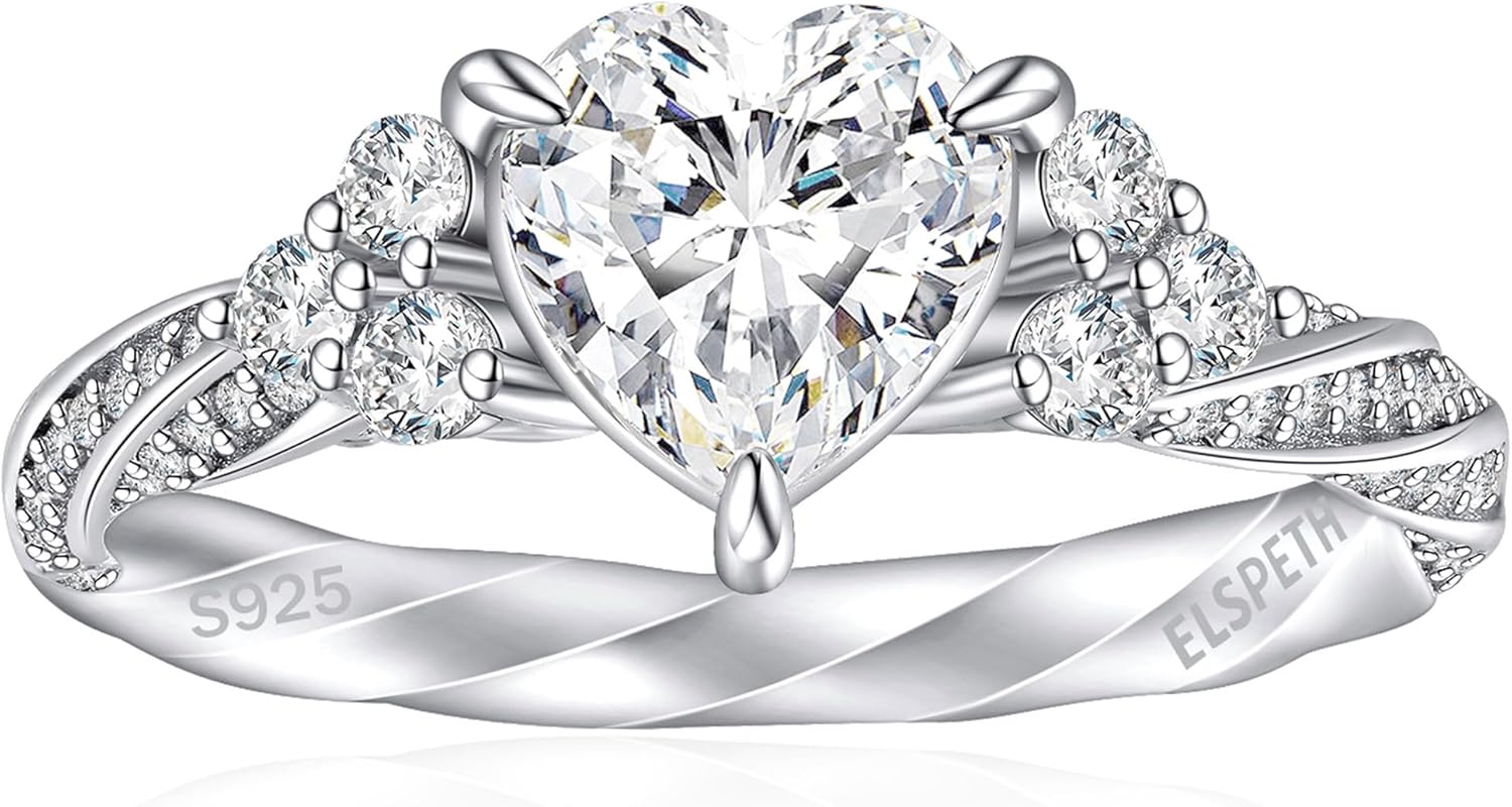 Elspeth 925 Sterling Silver Heart Engagement Ring for Women Heart Cut Cubic Zirconia Promise Ring Size 4-10