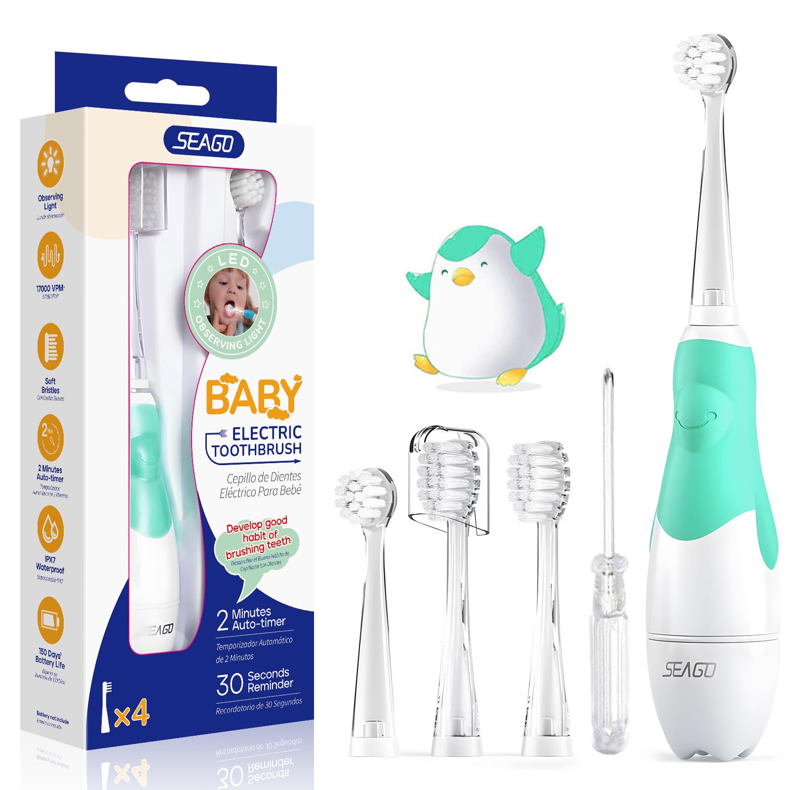 Seago SG-513 Elektrische Zahnbürste Kinder Baby Kinderzahnbürste Elektrisch ab 0-3 Jahre mit LED Licht Smart Timer Babyzahnbürste Wasserdicht IPX7 Schallzahnbürste (Baby Grün)