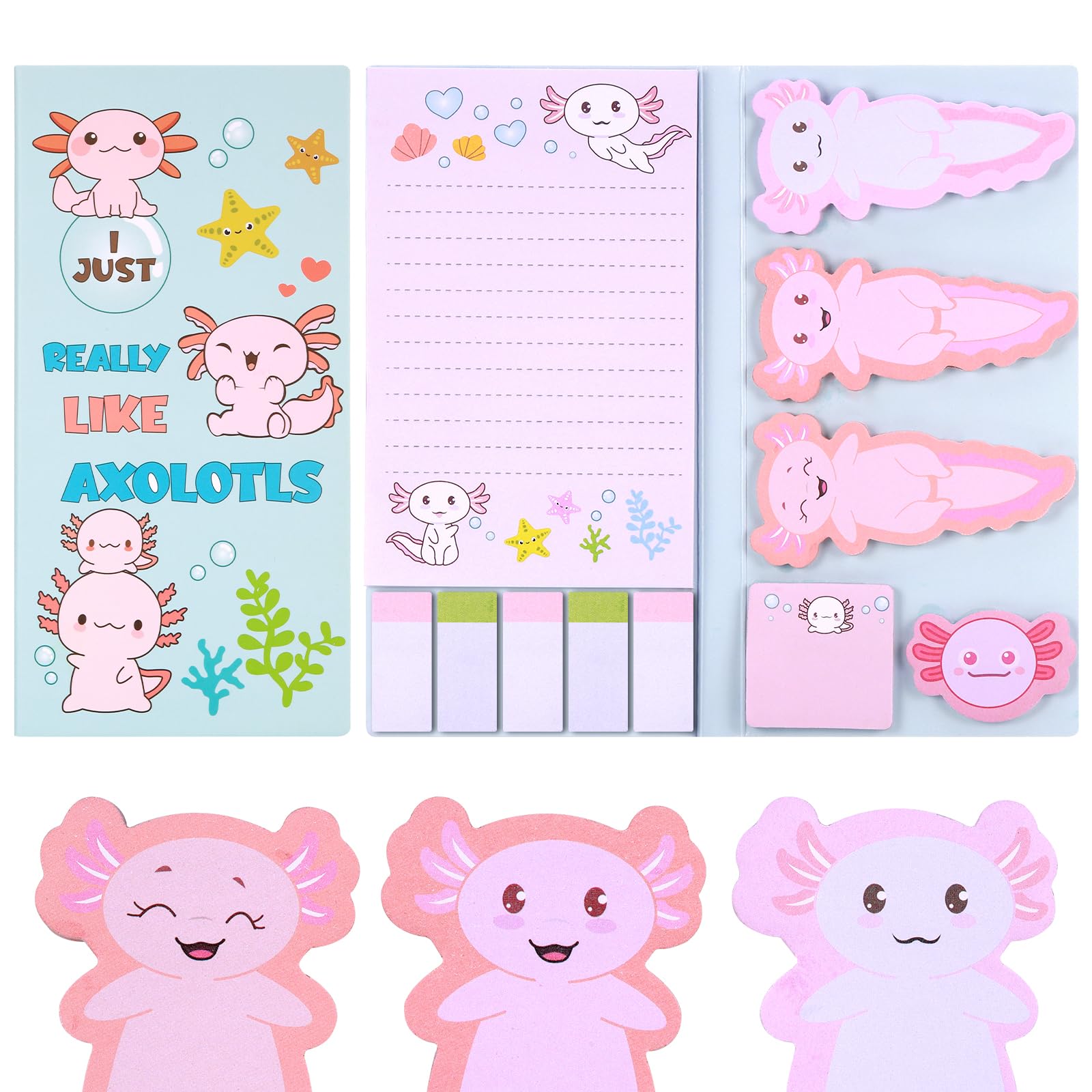 JIANTA Axolotl Sticky Notes, Cute Cartoon Pastel Memo Set, Mexican Walking Fish Sticky Notes, Party Bag Fillers for Kids, Party Favour Gifts for Girls