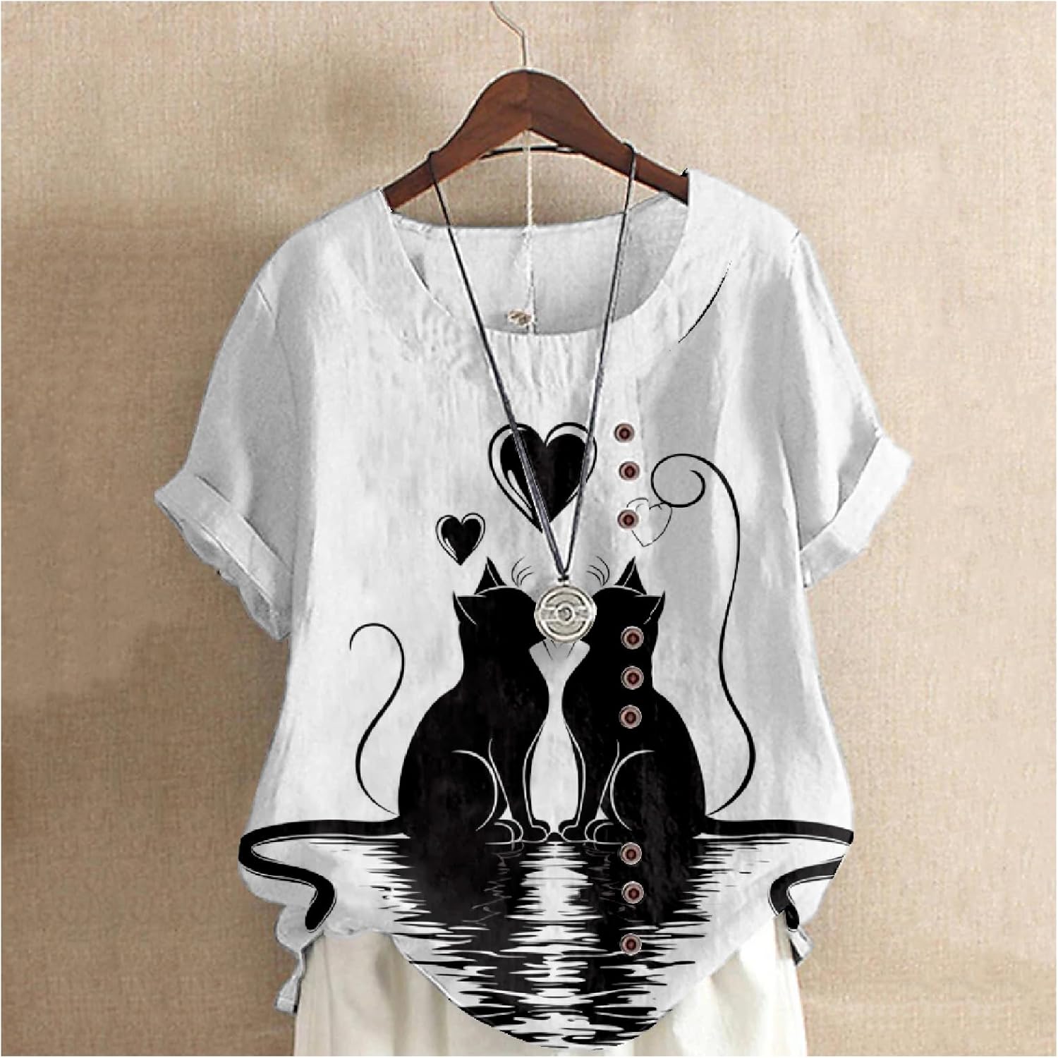 Shirts for Women Cute Cat Print Short Sleeve Crewneck Summer Vacation Fashion Vintage Dressy Casual Tunic Tops - Image 2