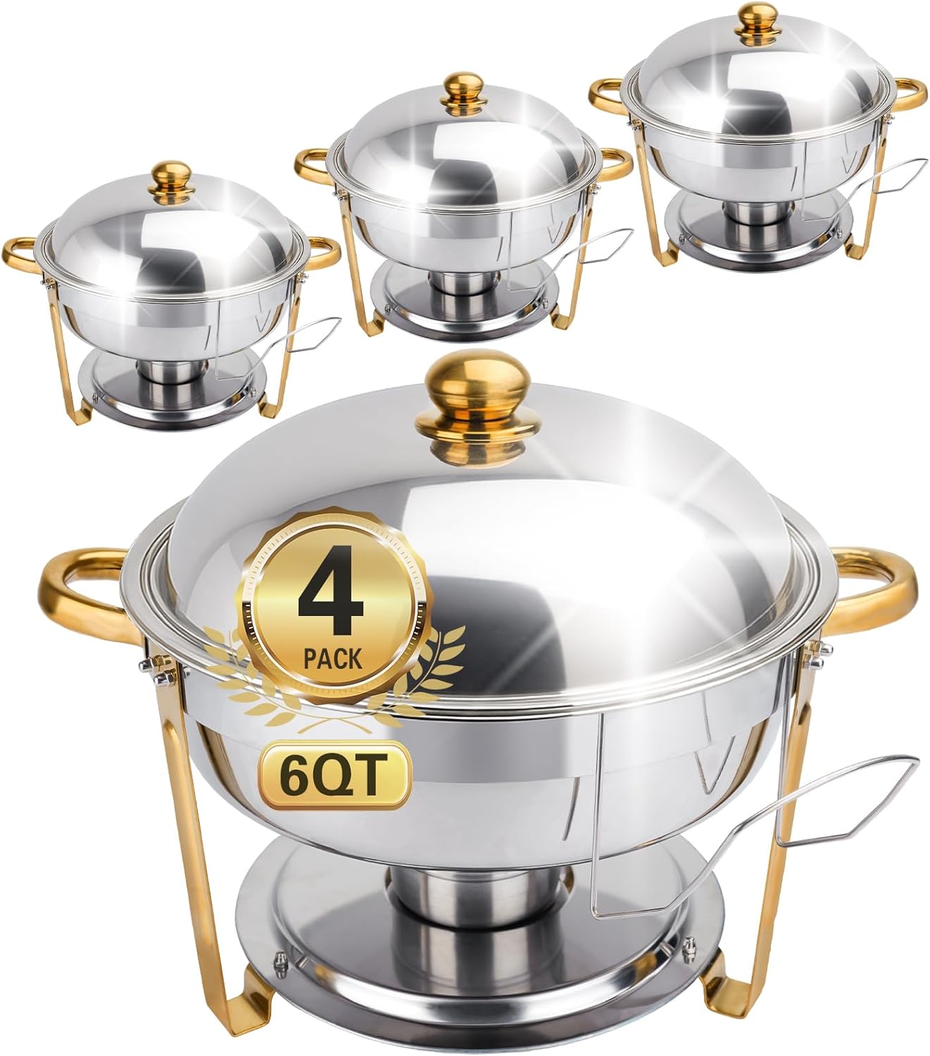 Chafing Dishes for Buffet 4 Pack, 6QT Round Chafing Dish Buffet Set Stainless Steel Buffet Food Warmers Set for Catering Events Party Dinner with Complete Set, Gold and Silver Chafing Dishes for Party
