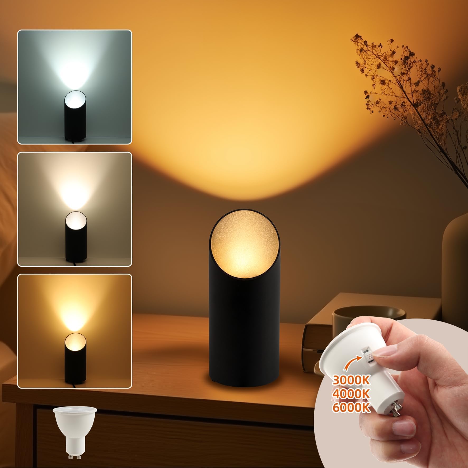 Uplight Spot - Juego de 2 focos LED con interruptor de pie, luces indirectas para interior de salón, 3 temperaturas de color, lámpara LED GU10, 6 W 700 lm