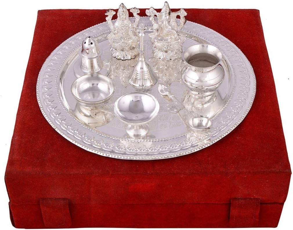 Silver Plated Puja Thali for Hindu Temple Rituals Set of 9 Shiva, Ganesh & Laxmi