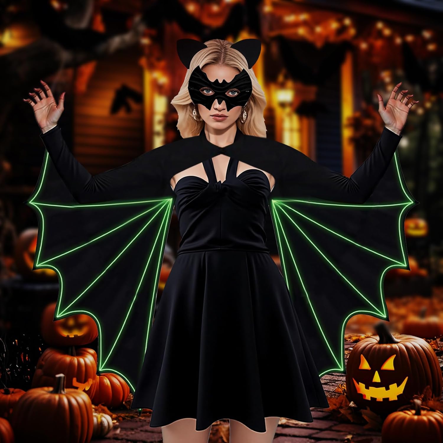 Women’s Bat Wings Costume with Glow in Dark, Adult Halloween Cosplay Costume with Headband & Face Cover for Party - Image 5