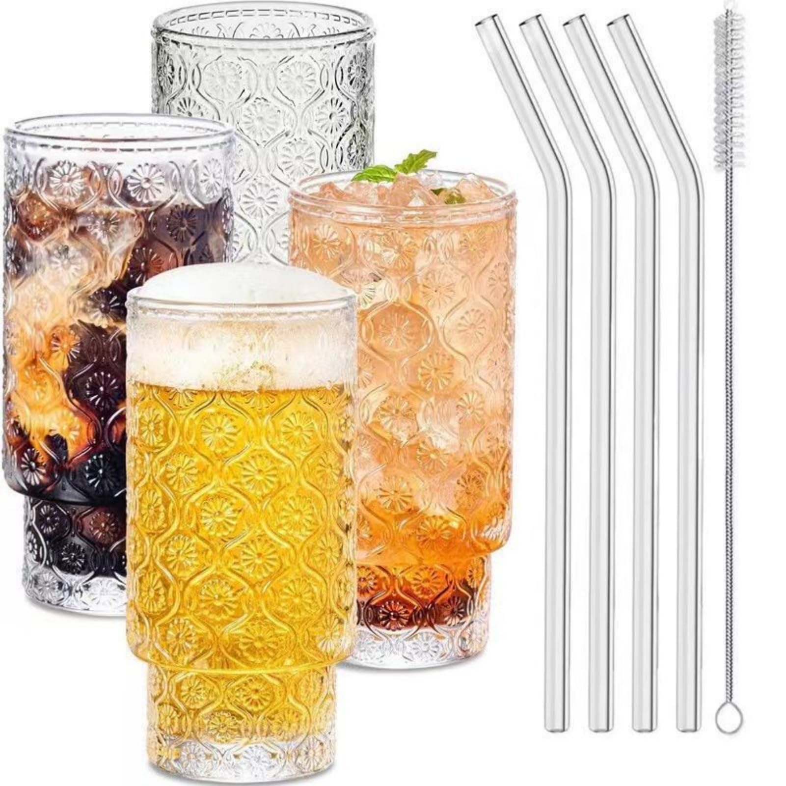 TAME Drinking Glasses with glass straw set, 16oz Glass Cup Vintage Embossed Water Glasses, Drinking Glasses for Coffee Bar Kitchen Accessories Iced Coffee Cup Beer Cup Tea Cup, 4Packs.