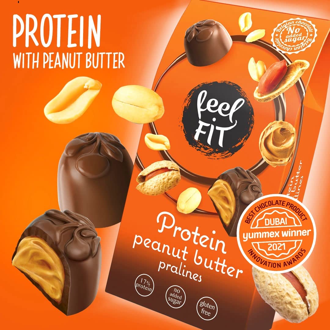 Feel FIT Protein Erdnussbutter-Pralinen in hochwertiger Milchschokolade, ohne Zuckerzusatz, 17% Eiweiß, glutenfrei, 14-er Pack (14 x 66 g)