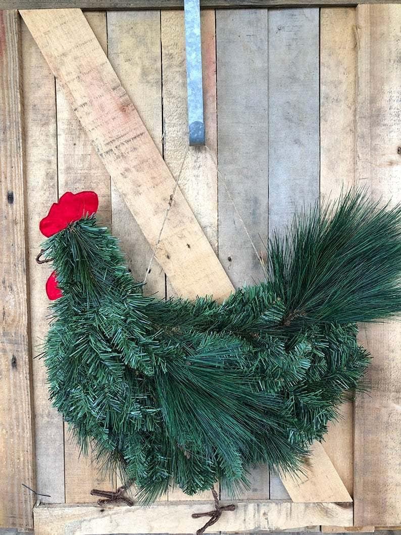 Christmas Rooster Chicken Wreath,12 Inch Artificial Rooster Shaped Christmas Wreath | Durable Christmas Decoration Door Garland for Indoor, Outdoor, Farmhouse, Cabin